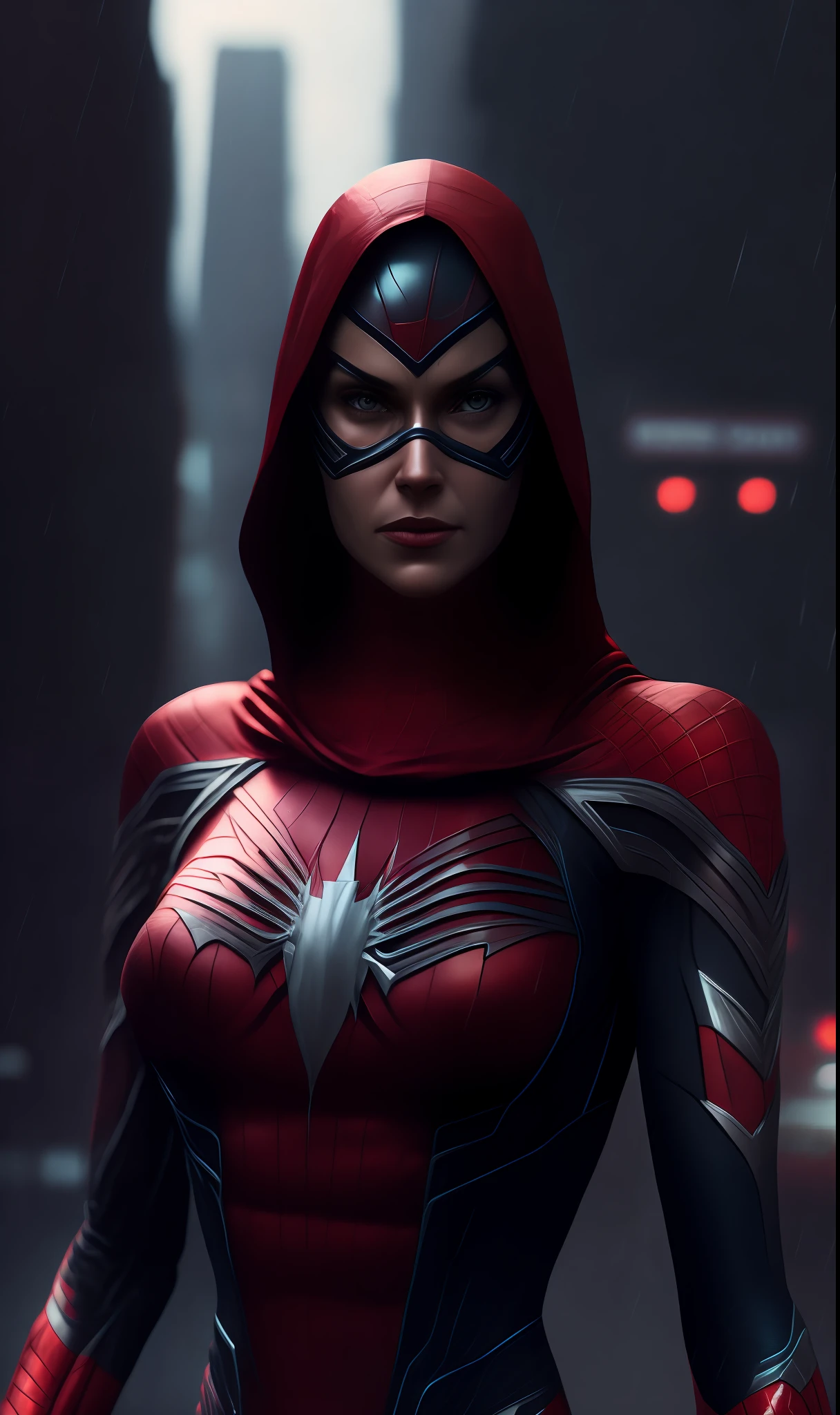 photo of Spider-Woman from Marvel standing outside the city 17, rainy, rtx, octane, unreal