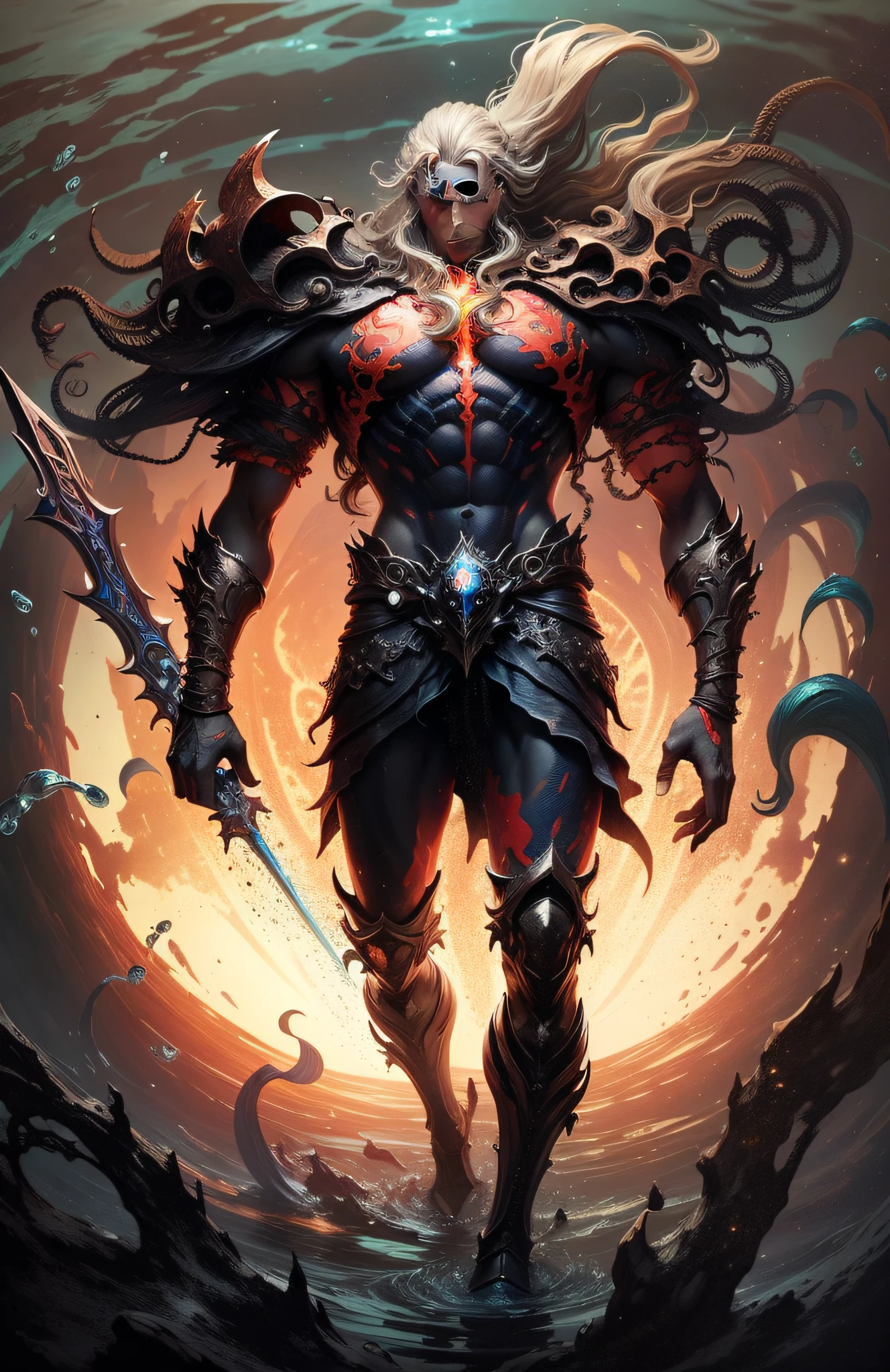 Type of Image: Fantasy character illustration.
Subject Description: An immensely powerful Elemental being with control over the tides.
Art Styles: Surrealism, incorporating vibrant colors and fluid forms.
Art Inspirations: Salvador Dali, HR Giger, Art Station.
Camera: Close-up shot.
Shot: High angle.
Render Related Information: Detailed rendering, vivid and bright colors, studio lighting with soft light, emphasizing the character's water manipulation abilities. --auto --s2