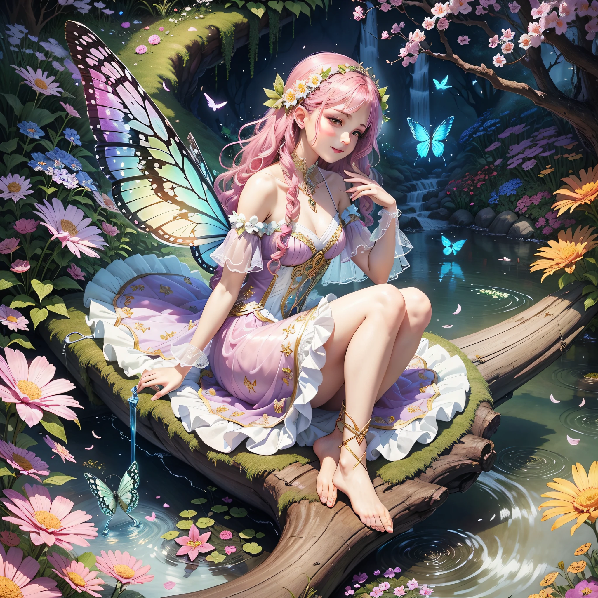 Describe the image of a beautiful fairy sitting on a tree trunk facing a garden full of flowers. The fairy has translucent wings and wears a dress made of petals. She smiles softly and holds a magic wand with sparkling crystals. The garden is filled with colorful flowers and butterflies fly around. A creek with a gentle waterfall completes the scene. The image conveys a sense of magic and enchantment. --auto --s2