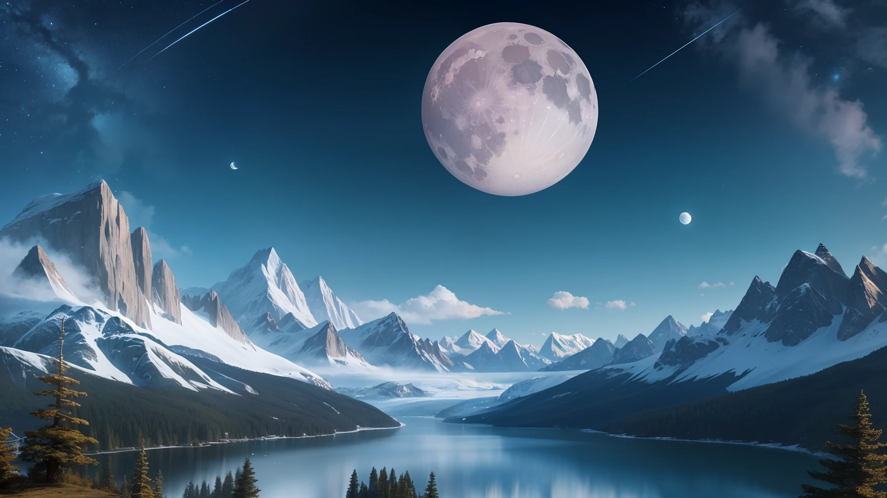 mountains and a lake with a moon in the sky, 4k highly detailed digital art, 4k hd very detailed wallpaper, stunning fantasy landscape, sci-fi fantasy desktop wallpaper, unreal engine 4k wallpaper, 8k stunning art, impasto --auto --s2