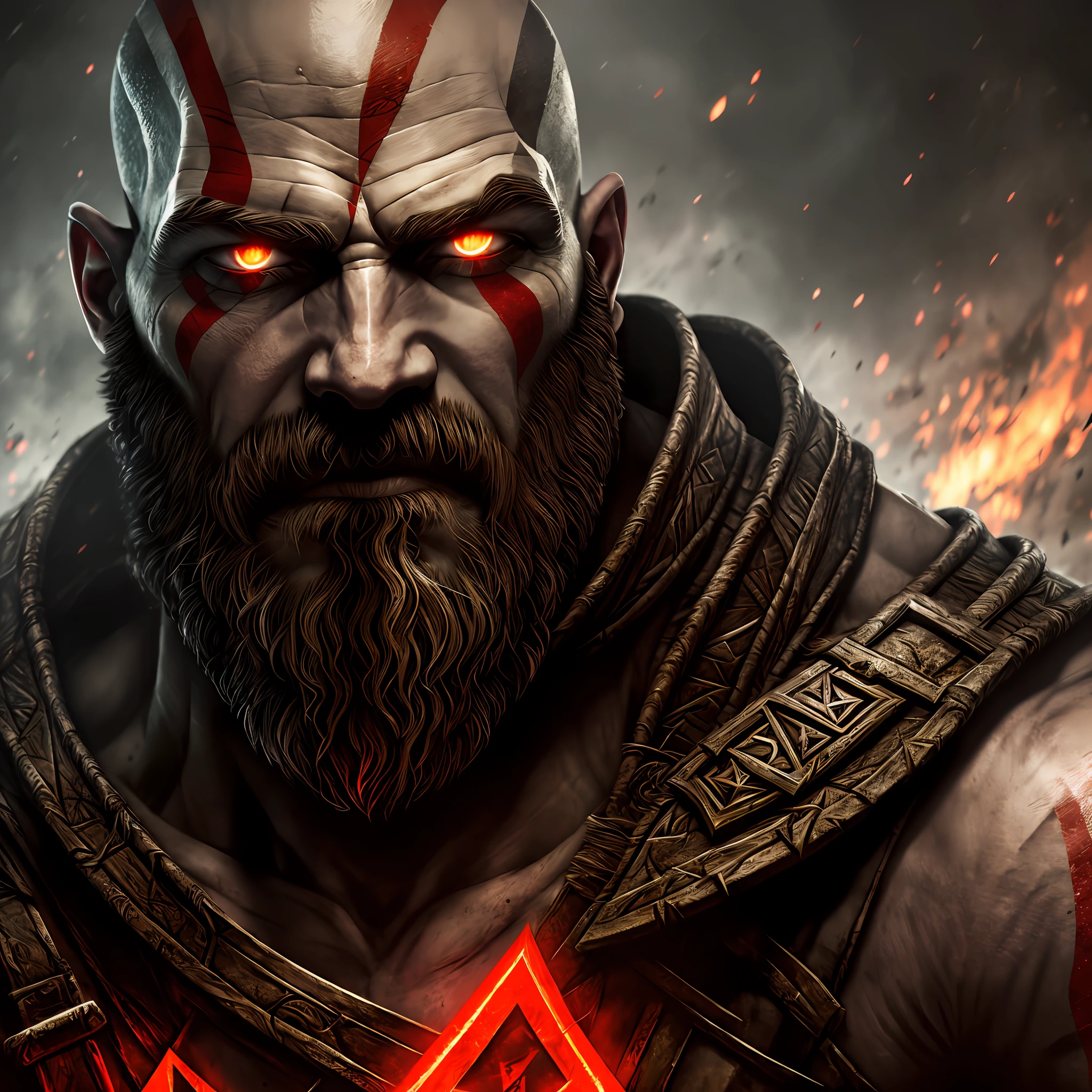 Game God of War, a portrait, sinister, hood, red eye, toxic, muscle, god, elder, realistic epic, faded, (((hdr)))), hyperdetailed, cinematic, warm lights, intricate details