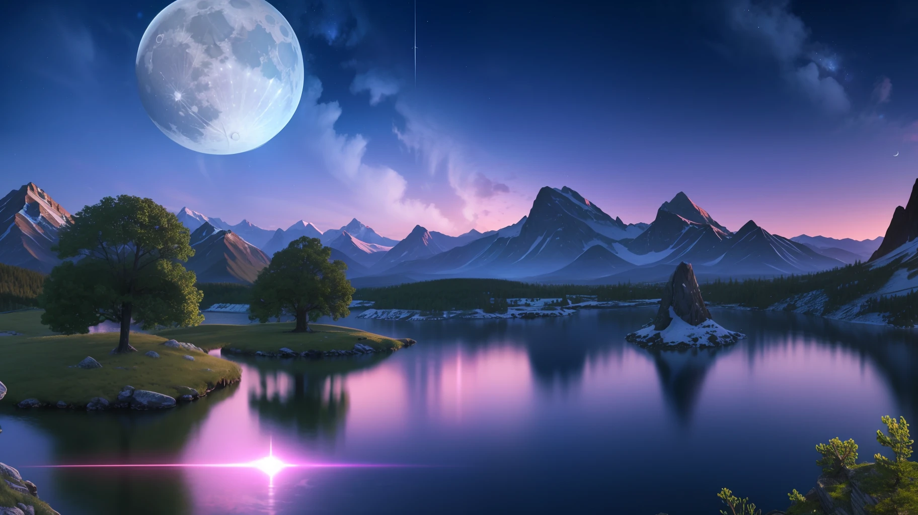 mountains and a lake with a moon in the sky, 4k highly detailed digital art, 4k hd very detailed wallpaper, stunning fantasy landscape, sci-fi fantasy desktop wallpaper, unreal engine 4k wallpaper, 8k stunning art, impasto --auto --s2