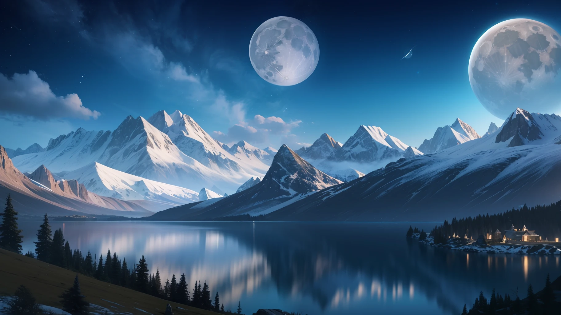 mountains and a lake with a moon in the sky, 4k highly detailed digital art, 4k hd very detailed wallpaper, stunning fantasy landscape, sci-fi fantasy desktop wallpaper, unreal engine 4k wallpaper, 8k stunning art, impasto --auto --s2