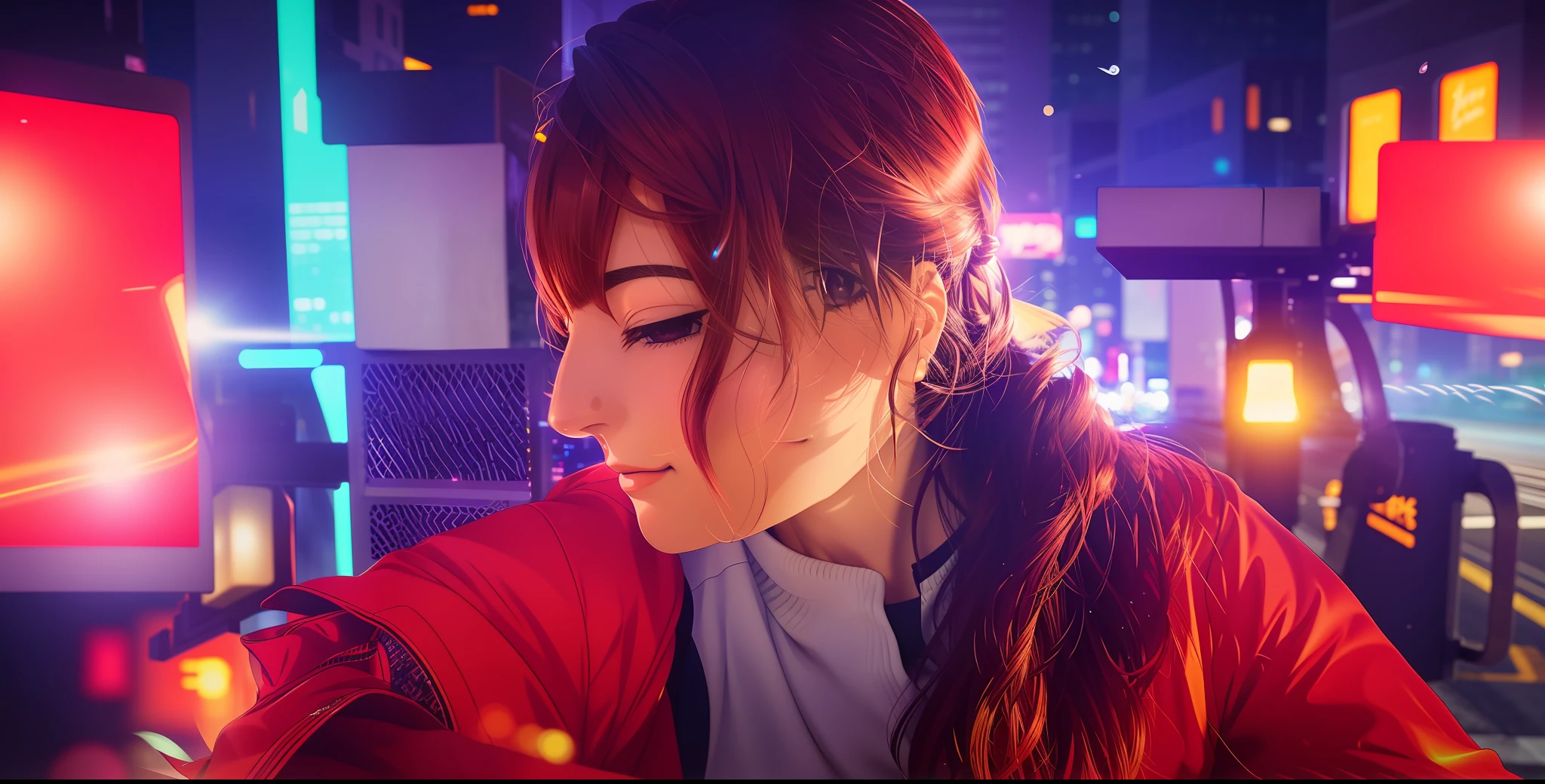 "(Best-quality:0.8), anime-style, extreme close-up portrait of a beautiful woman walking through a bustling cityscape, surrounded by vibrant streetlights and glowing advertisements".