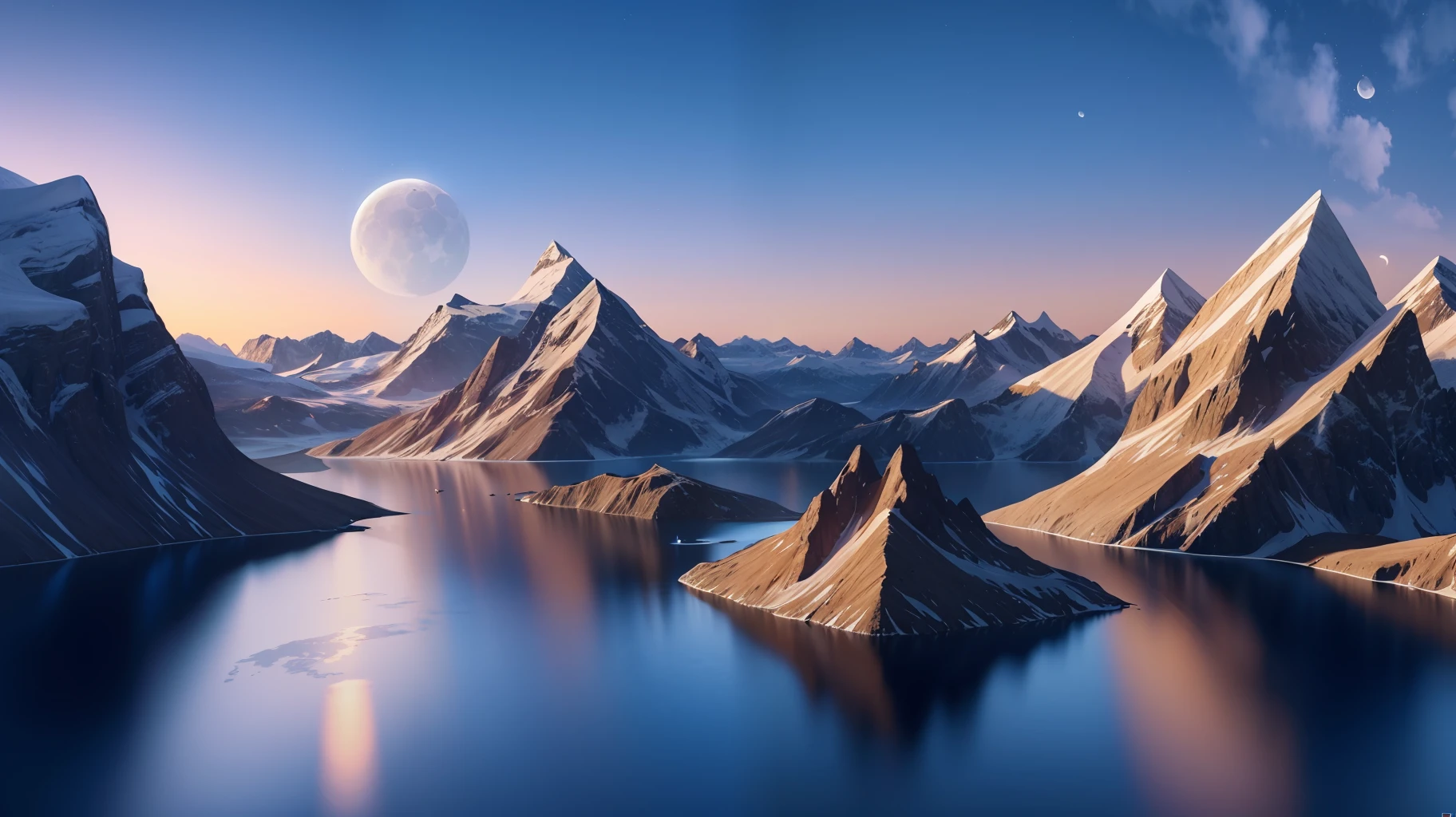 mountains and a lake with a moon in the sky, 4k highly detailed digital art, 4k hd very detailed wallpaper, stunning fantasy landscape, sci-fi fantasy desktop wallpaper, unreal engine 4k wallpaper, 8k stunning art, impasto --auto --s2