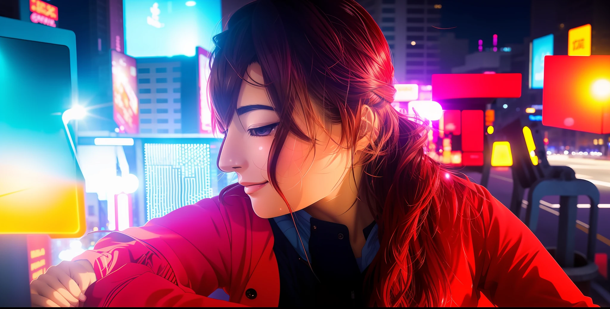"(Best-quality:0.8), anime-style, extreme close-up portrait of a beautiful woman walking through a bustling cityscape, surrounded by vibrant streetlights and glowing advertisements".
