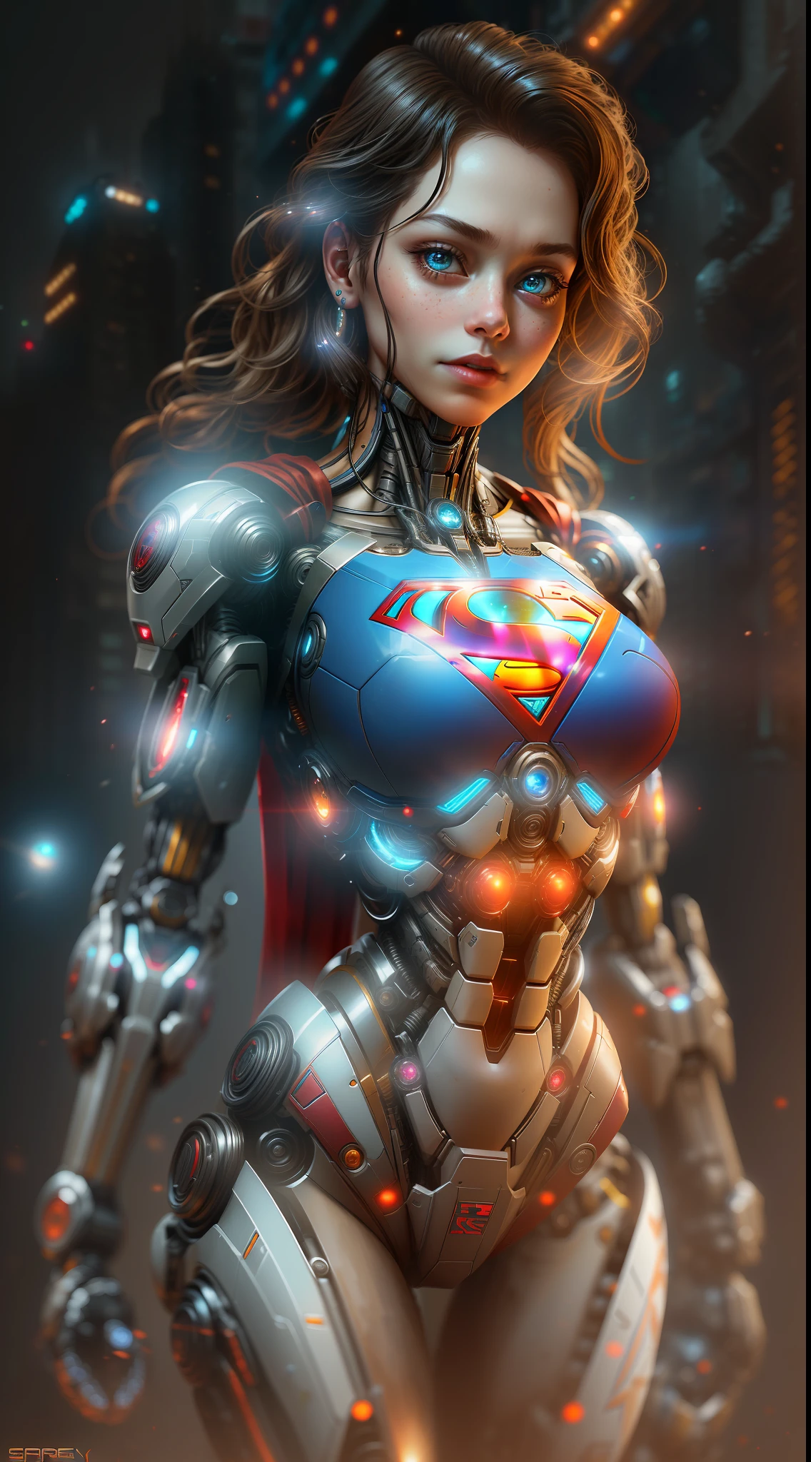 Supergirl from DC photography, biomechanical, complex robot, full growth, hyper-realistic, insane small details, extremely clean lines, cyberpunk aesthetic, masterpiece featured on Zbrush Central