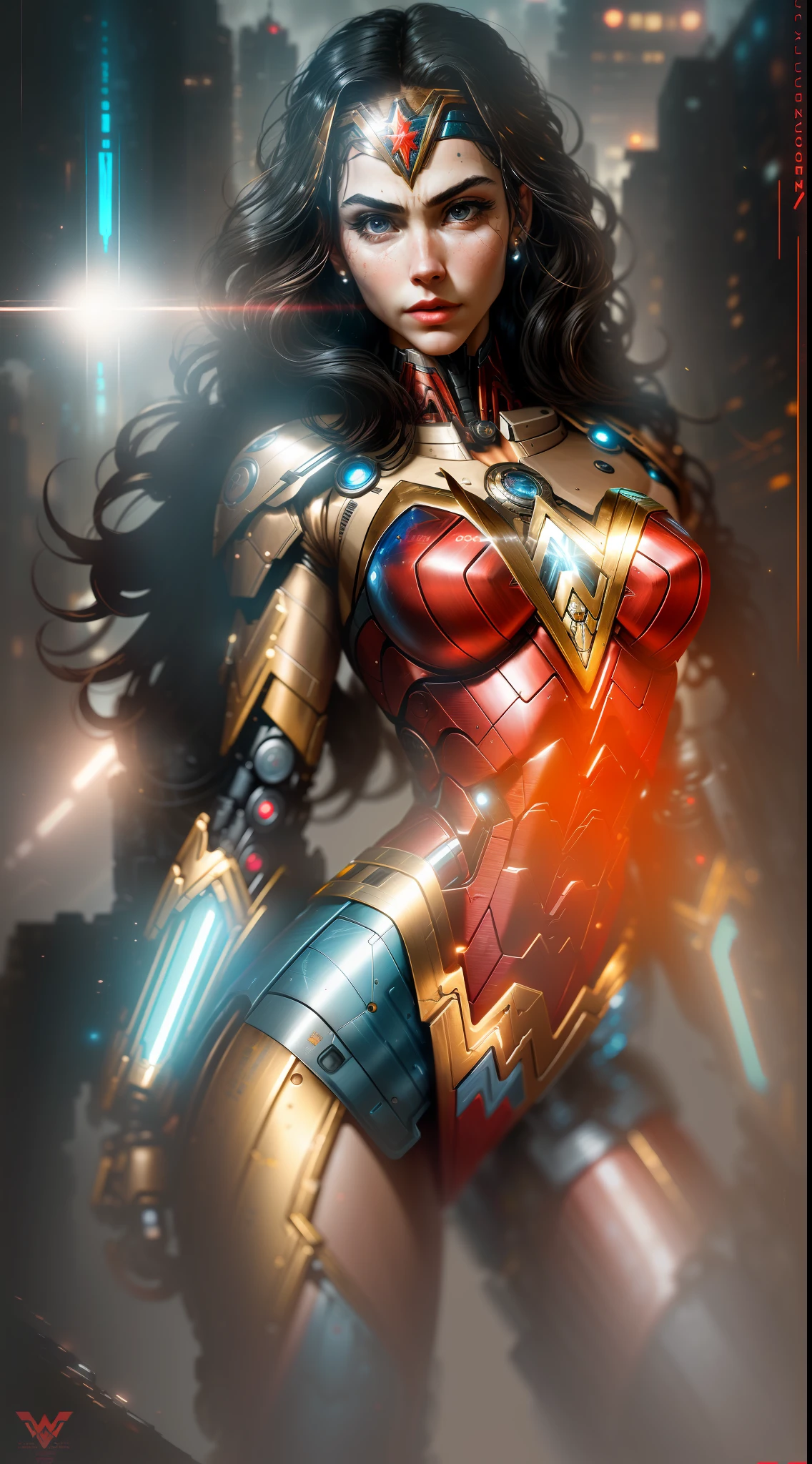 Wonder Woman from DC photography, biomechanical, complex robot, full height, hyper-realistic, insane small details, extremely clean lines, cyberpunk aesthetic, a masterpiece featured on Zbrush Central