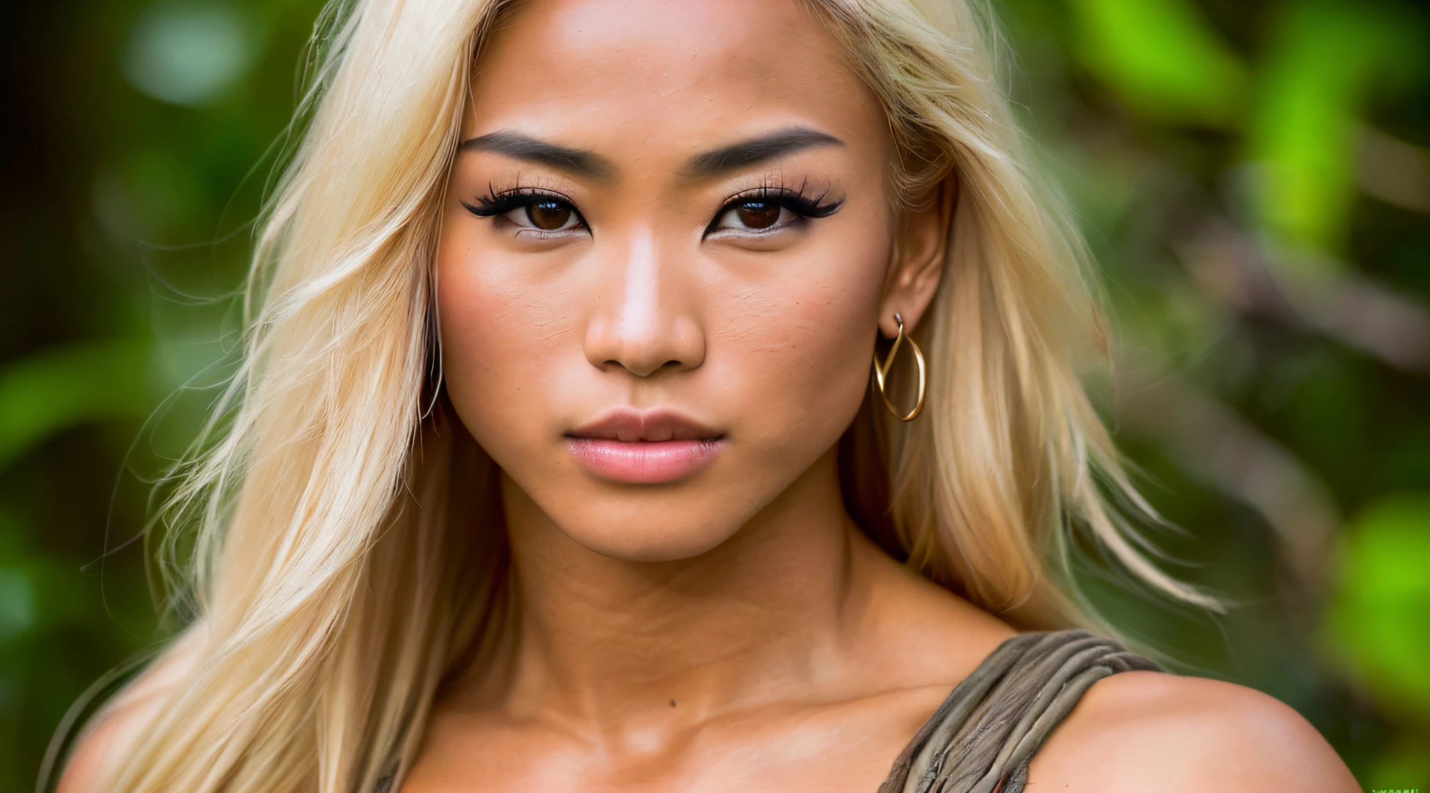 3 beautiful young Asian women with blond hair and a bodybuilder physique, as a female warrior in the jungle, full body, cinematic medium close up portrait, Key light, backlight, natural lighting, photography 400 ISO film grain 30mm lens RAW aperture f1.8, art photographer, movie still poster from Lord of the Rings, medium intricate print, choker