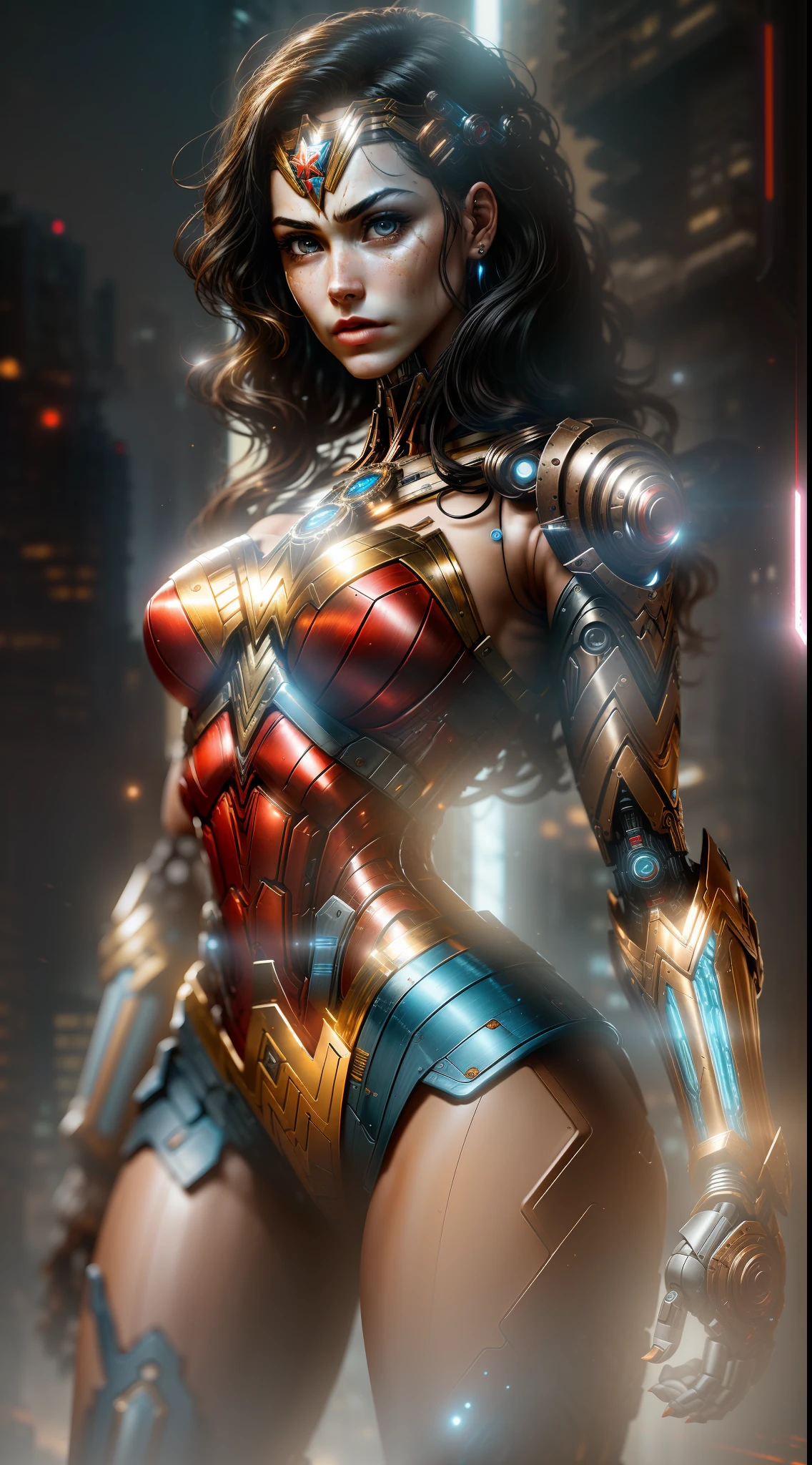 Wonder Woman from DC photography, biomechanical, complex robot, full height, hyper-realistic, insane small details, extremely clean lines, cyberpunk aesthetic, a masterpiece featured on Zbrush Central