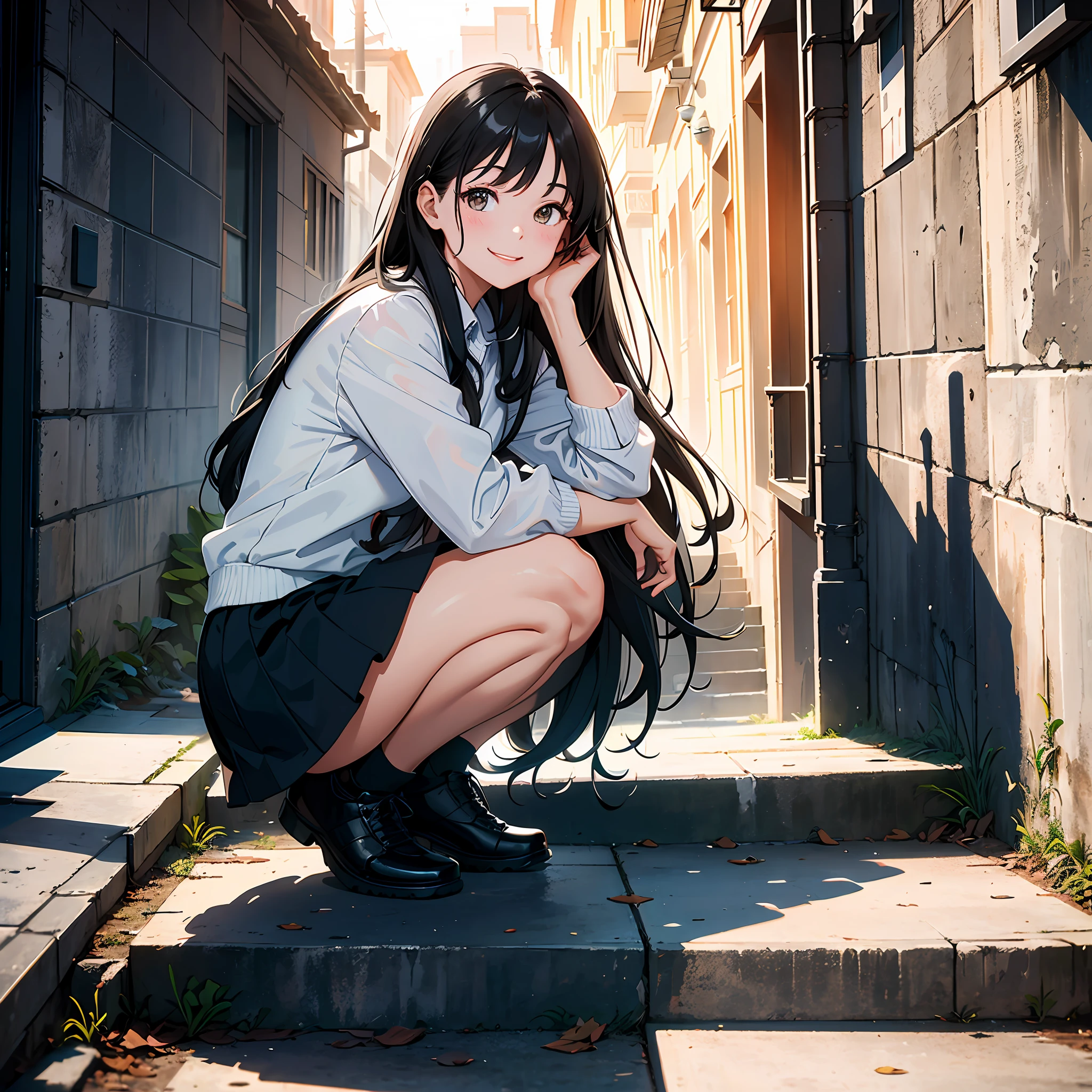 Ultra high resolution, 16k, ((masterpiece)), ((best quality))), ((super detailed)), upper body view, a girl with long black hair, smiling, squatting on the stairs of the school building