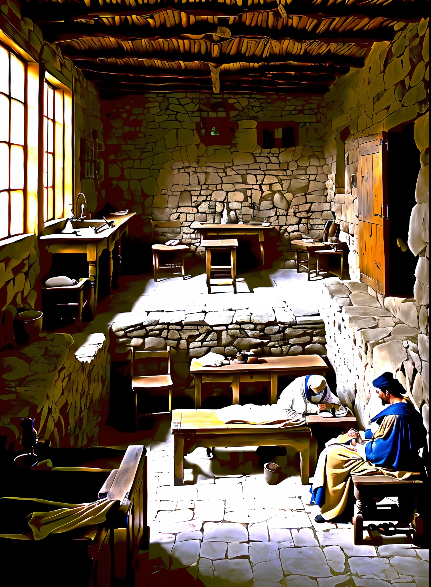 In this medieval hospital, the courage and knowledge of doctors are put to the test, using rudimentary equipment, but advanced for the time. The hope of healing and relief hangs in the air, even amid the limitations of medieval medicine.