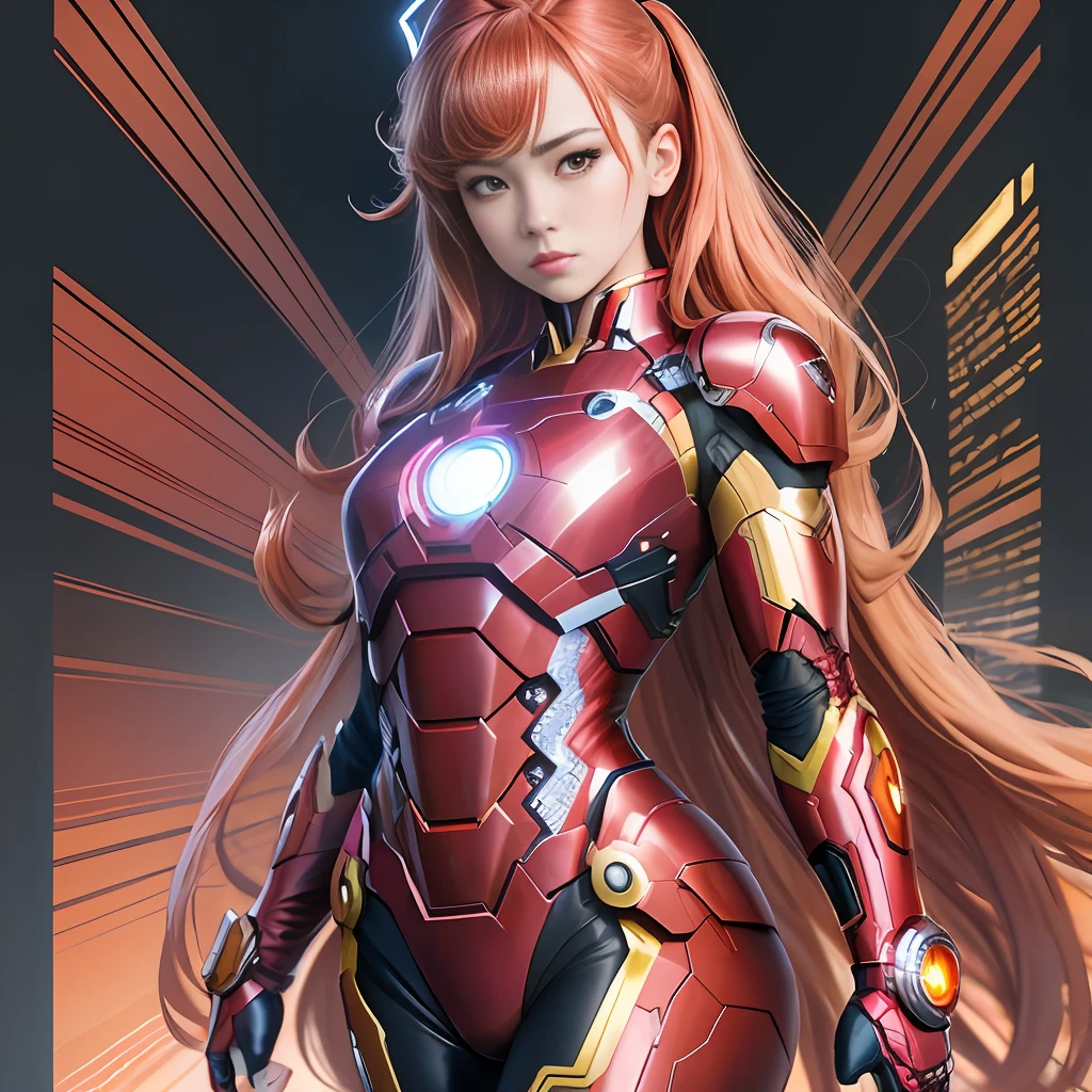 movie marvel's iron man costume, in the style of junko mizuno, cinematic elegance, dark pink and amber, romantic depictions of historical events, androgynous, solapunk, colorful costumes