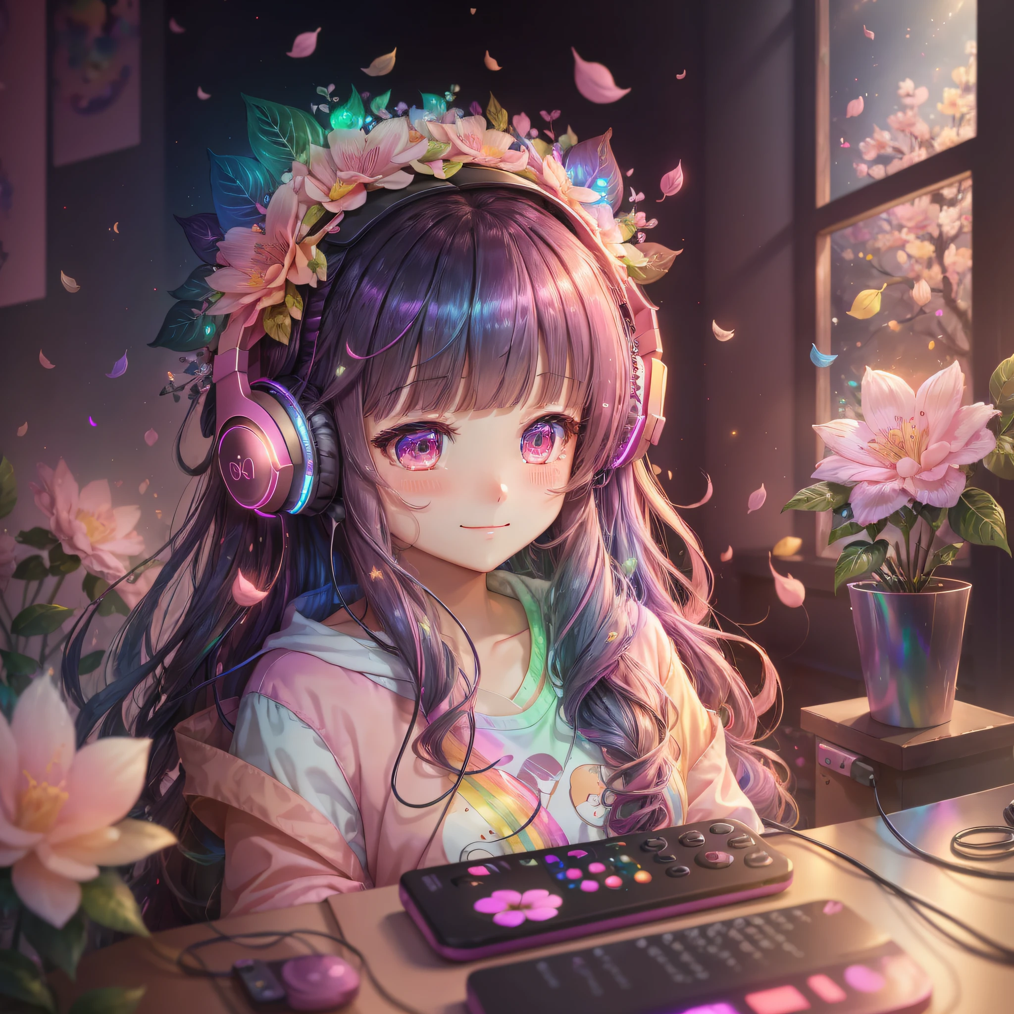 Masterpiece, best quality, (very detailed CG unit 8k wallpaper) (best quality), (best illustration), (best shadows) Delicate nature leaves Rainbow color petals falling into the air light Tracking, two boats, running super detailed flower (masterpiece), (best quality), (ultra-detailed), (full body: 1.2), 1girl, chibi, cute, smile, dream, lo-fi, lofi, room,led rgb, listening to music, phone, music, jacket, blush, : 3, shirt, long hair, vibrant colors, pink headwear, blurred, black hair, blush stickers, long sleeves, bangs, headphones,lucid dreaming, rainbow colors, pink flower, (beautiful detailed face), (beautiful detailed eyes), --auto --v6 --s2