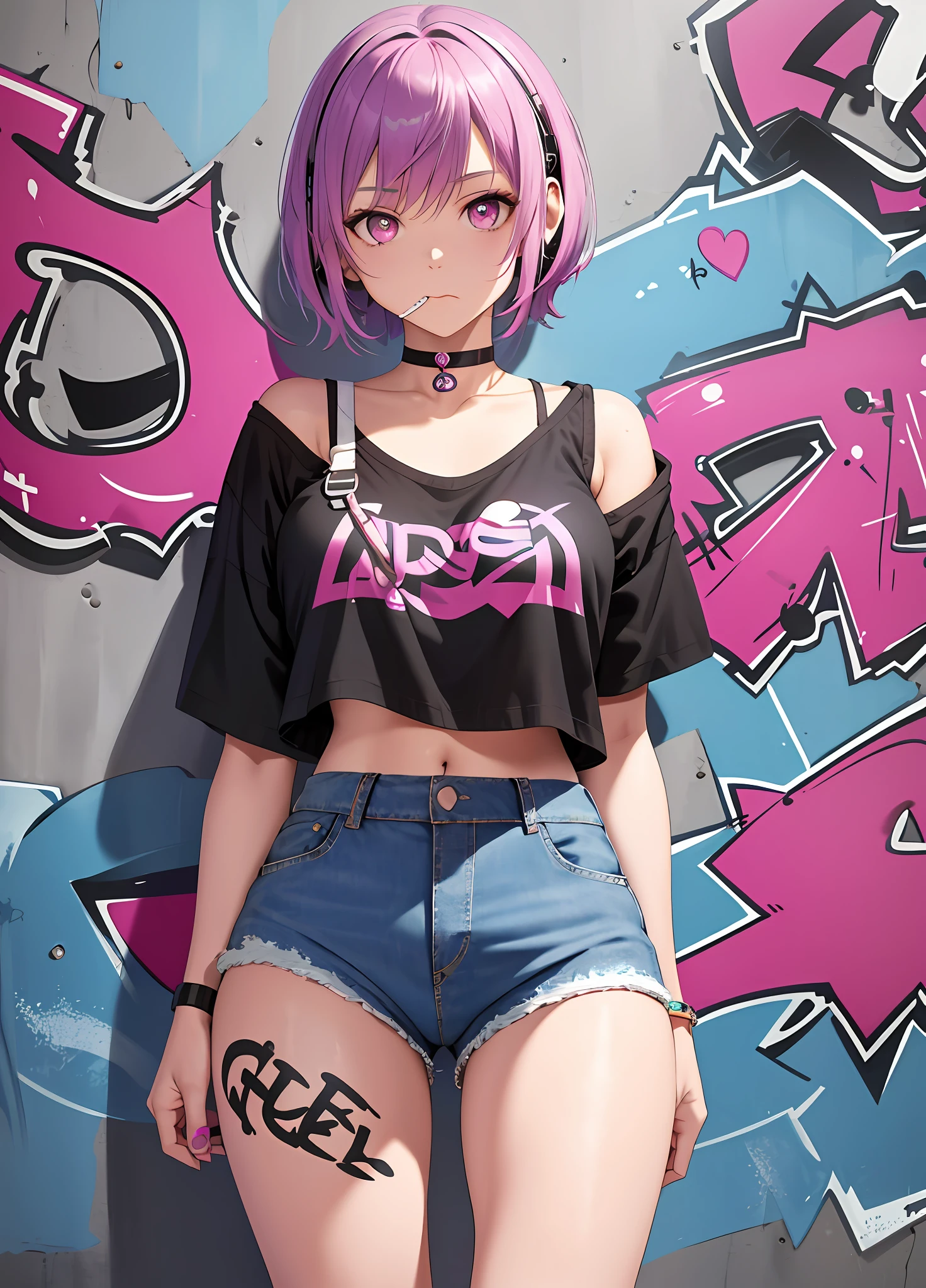 masterpiece, best quality, 1girl, solo, crop top, denim shorts, choker, (graffiti: 1.5), short hair, pink eyes, purple hair, headphones, eating ice cream, big tits, big thighs