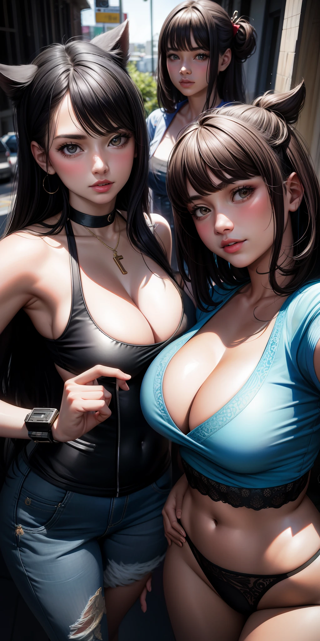 Realistic, 3 girls, selfie, cleavage emphasis