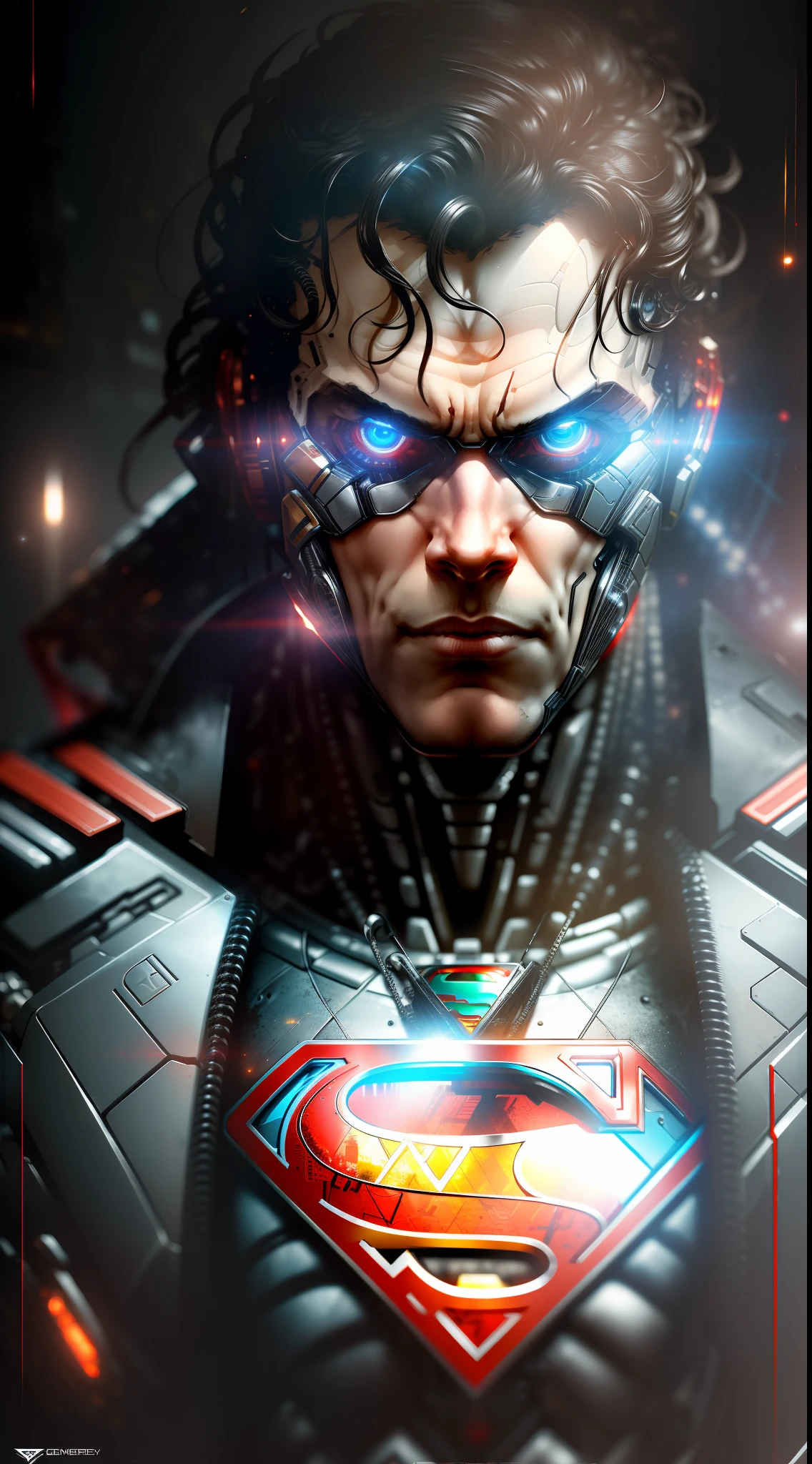 Superman from DC photography, biomechanical, complex robot, full-length, hyper-realistic, insane fine details, extremely clean lines, cyberpunk aesthetic, masterpiece featured at Zbrush Central
