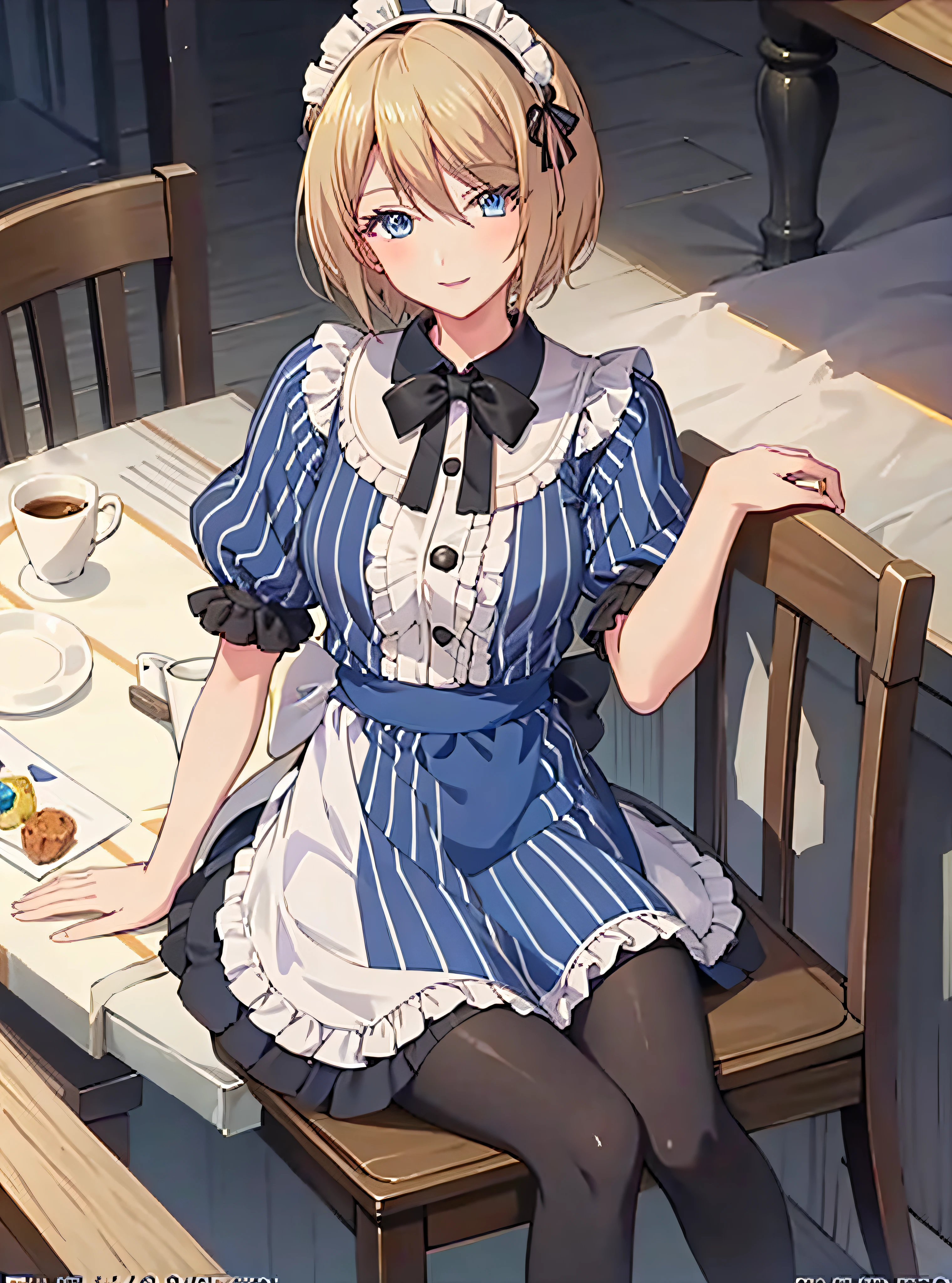 akaneh, 1girl, solo, looking at viewer, smile, short hair, blue eyes, blonde hair, dress, holding, hair between eyes, sitting, short sleeves, pantyhose, frills, striped, apron, cup, black pantyhose, maid, maid headdress, copyright name, table, vertical stripes, mug, striped dress, coffee, vertical-striped dress,