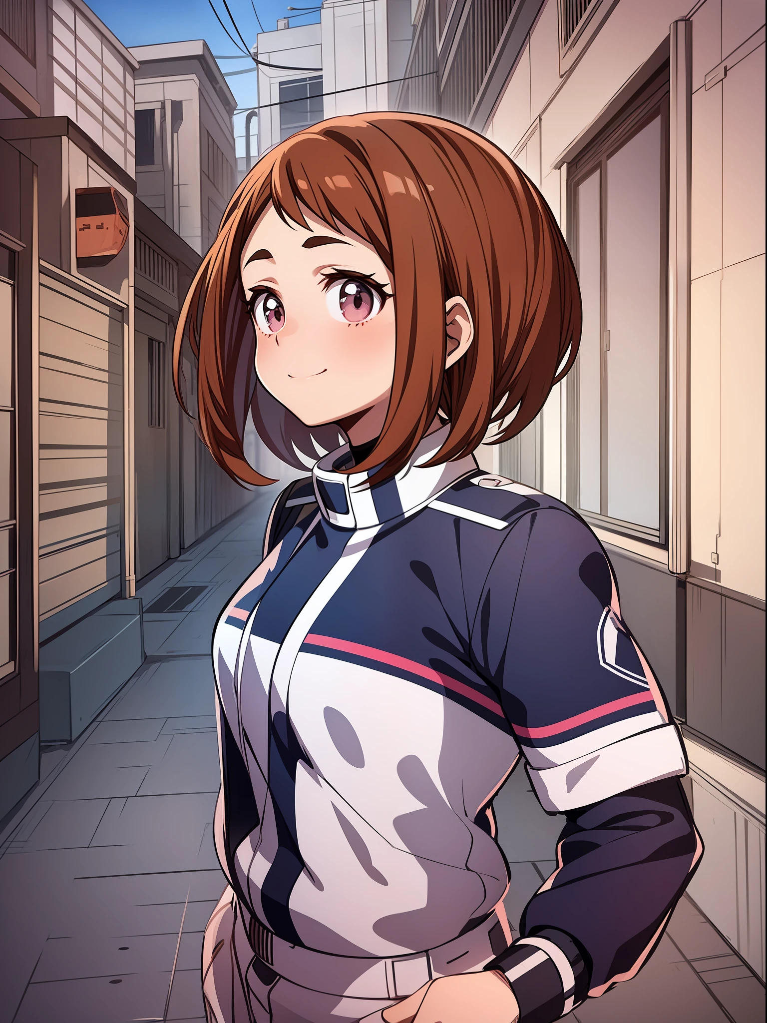 Ochaco Uraraka, wearing a uniform, nice environment, super detailed, high quality