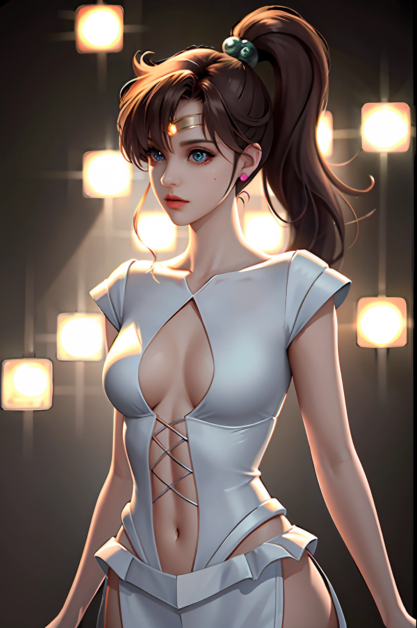 masterpiece, best quality, high quality, high definition, high quality textures, high quality shadows, high definition, beautiful details, fine details, highly detailed CG, detailed textures, realistic representation of faces, realistic, colorful, delicate, cinematic lights, side lights, lens flares, ray tracing, sharp focus, (1girl, __focus__:1.3), (intricate details, Makeup, PureErosFace_V1:0.5), (Delicate face beautiful with details, Delicate eyes with detailed and beautiful, face with perfect proportions, High definition skin, detailed skin, optimal ratio of four fingers and one thumb, arms under chest, medium large chest, wide hips, smooth upper abdomen, lean, __fashion__, __hair__:1.3), __location__, Upright, ponytail hair, Sailor Jupiter uniform