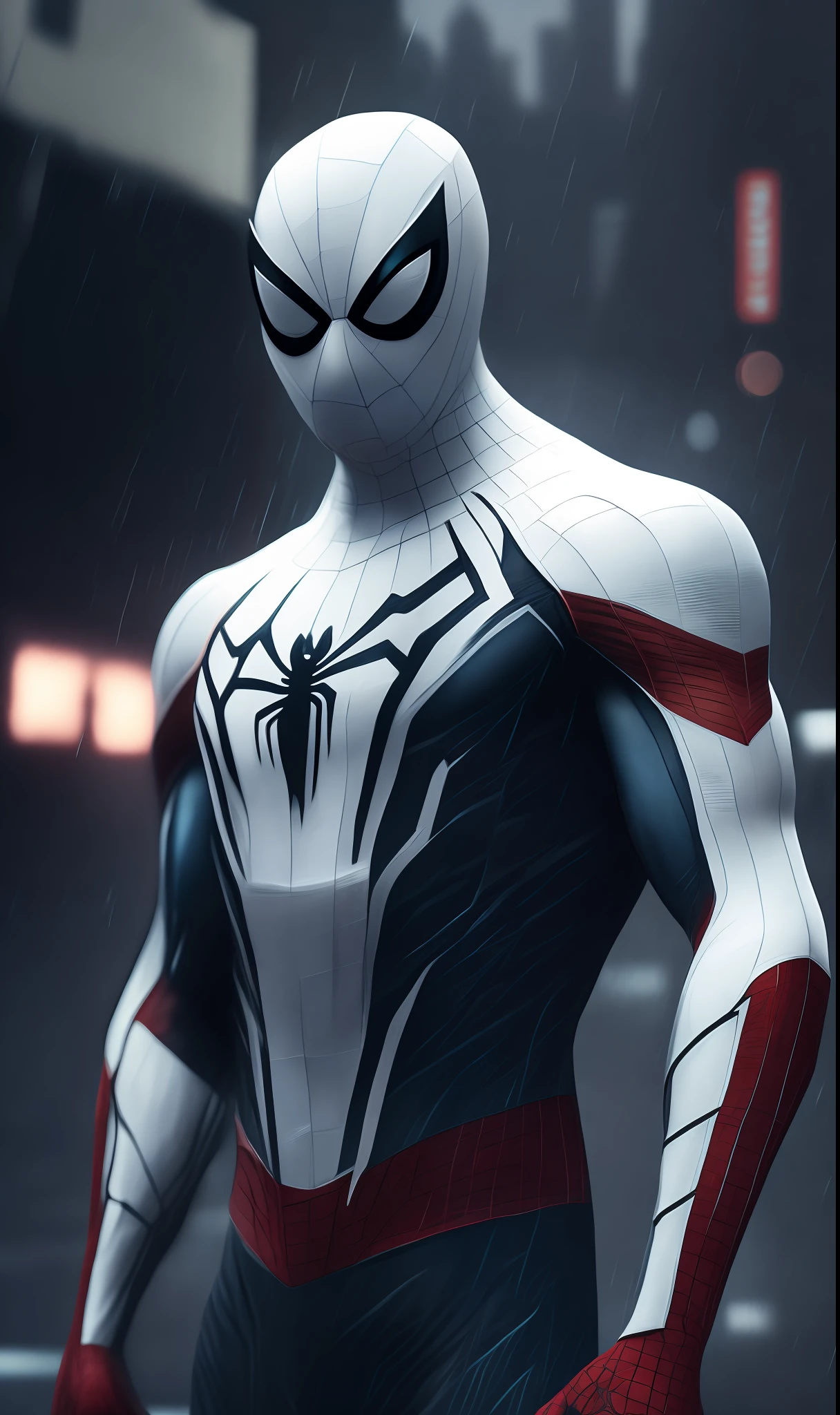 White Spider-Man from Marvel photo standing outside the city 17, rainy, rtx, octane, unreal