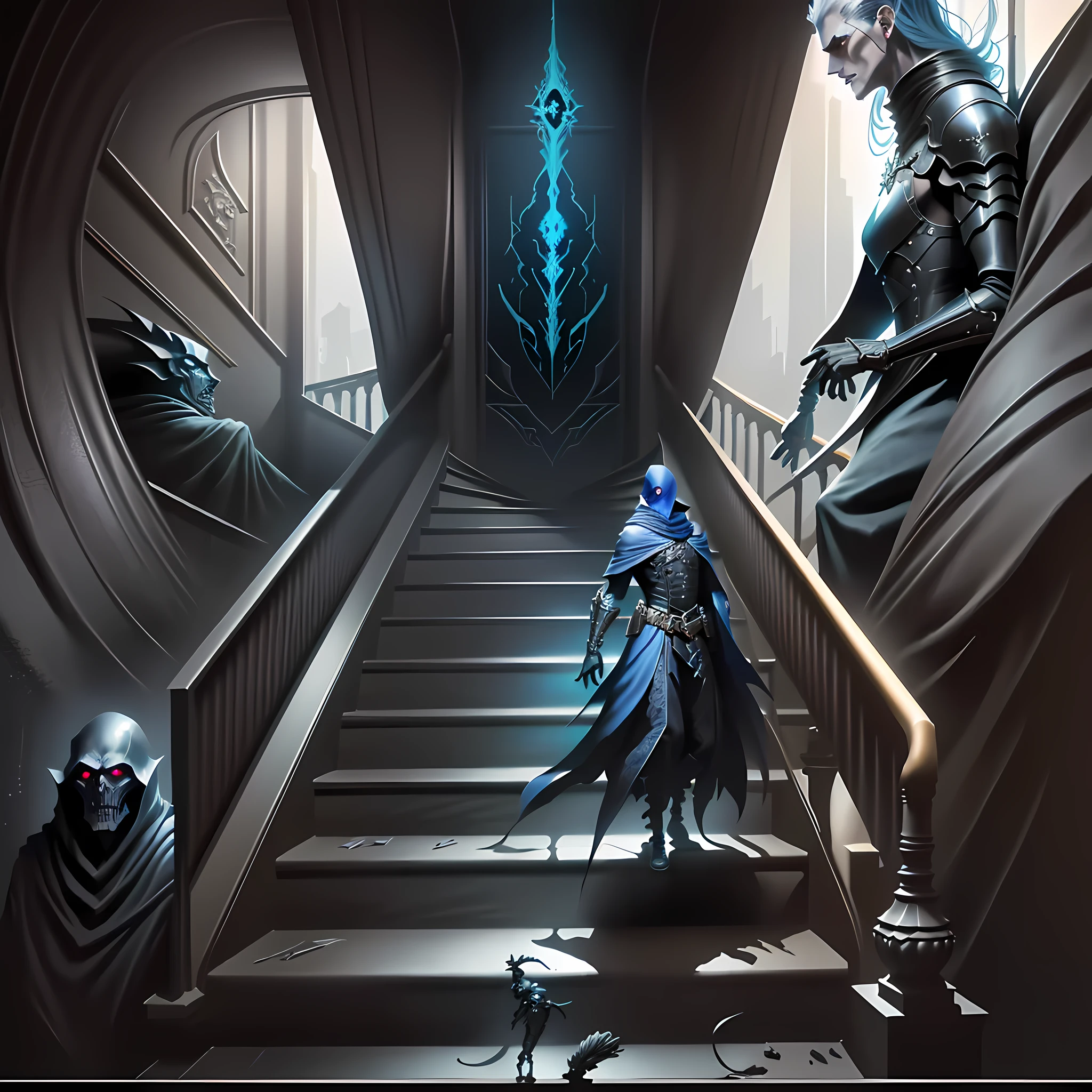 there is a man walking up a flight of stairs in a dark room, litrpg novel cover, an ominous fantasy illustration, stylized urban fantasy artwork, novel cover art for a book, cover game art, epic fantasy novel cover art, inspired by Michael Whelan, illithid, inspired by Carl Spitzweg, inspired by Don Maitz, dramatic entry