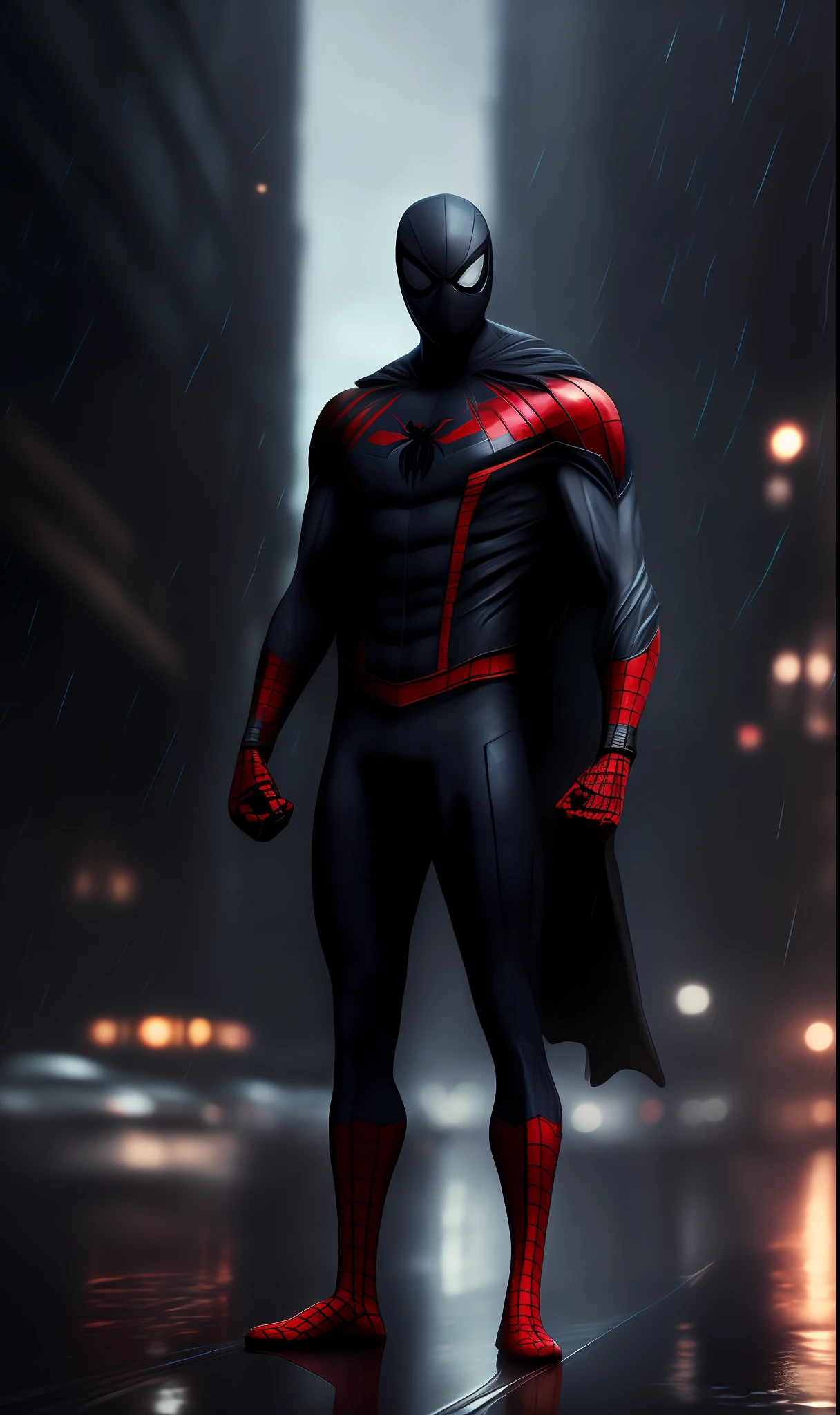 Black Spider-Man from Marvel photo standing outside the city 17, rainy, rtx, octane, unreal