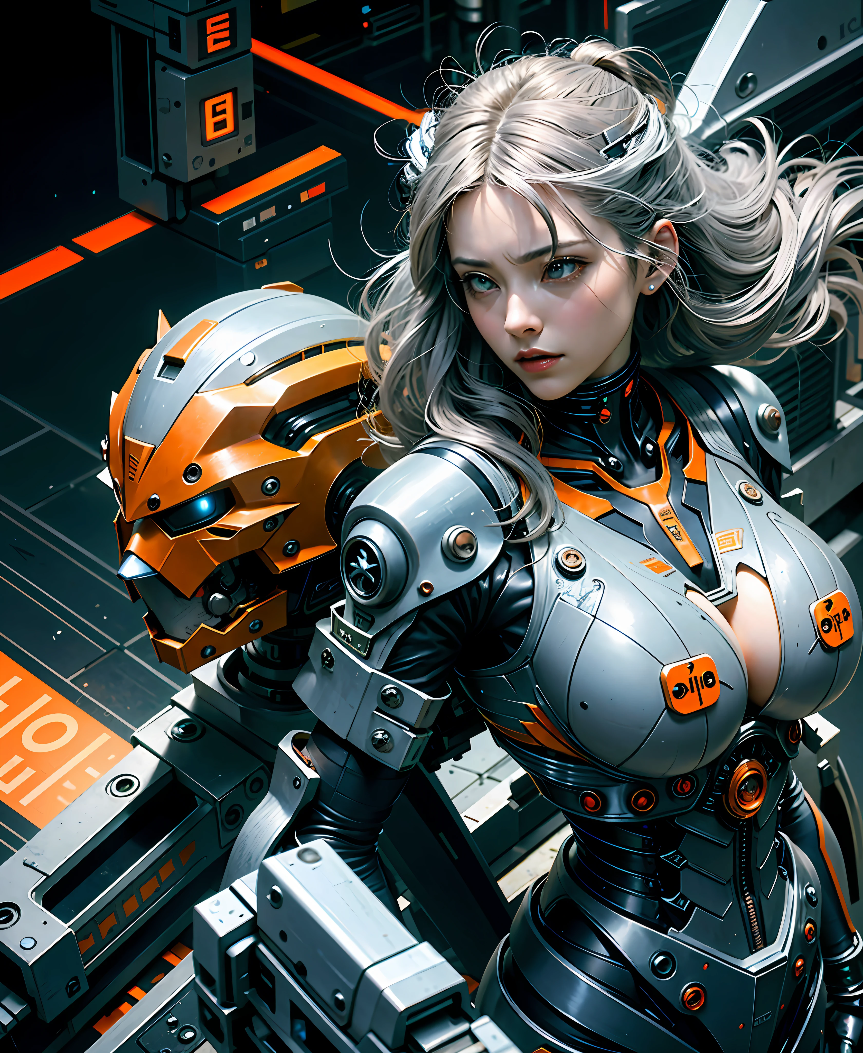 Gray hair, long fluttering hair, strong wind, orange eyes, shining eyes, evangelion girl, big, face and breasts raw, cleavage visible. Photoreal, Portfolio, Evangelion Inspired Metal Mech Suit, Cyberpunk, Metallic, Detailed Mech Parts, Bundle of Thin Tubes, Metal Cylinder, Detailed Neon, Fine LED, Detailed Parts