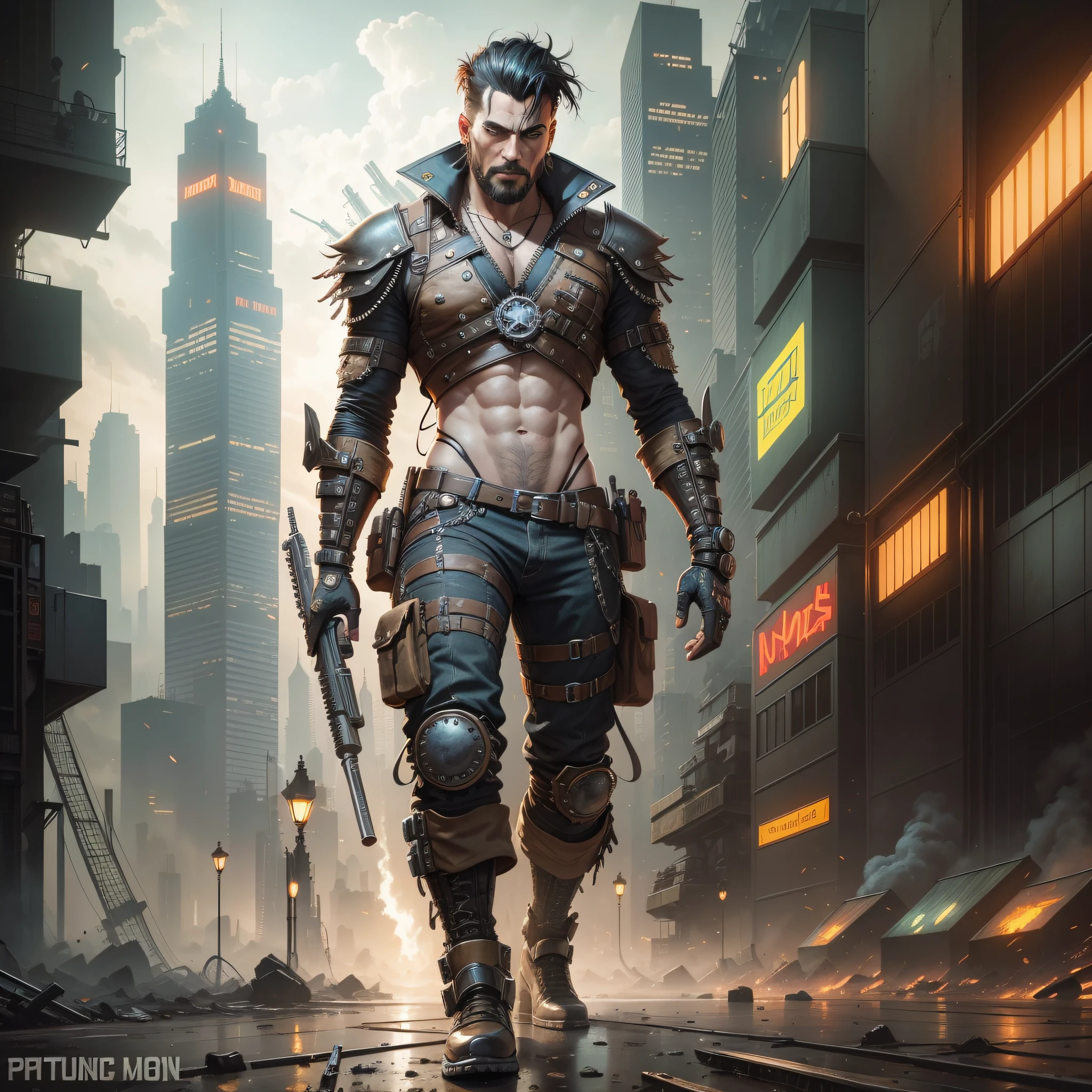 ROMPT POSITIVO: A futuristic cyberpunk character with elements of steampunk, portrayed in a dynamic scene. The character is a rugged and mysterious man, wearing a combination of cyberpunk and steampunk attire. He sports a cybernetic arm, intricate gears, and pipes integrated into his outfit. His clothing features a mix of leather, metal, and worn fabrics, with a weathered and industrial aesthetic. The setting is a gritty cityscape with towering skyscrapers and smog-filled air, illuminated by neon lights and steam-powered machinery. The lighting casts dramatic shadows, enhancing the atmosphere. The character stands tall, exuding confidence, with a futuristic weapon in hand. The artwork is highly detailed and showcases the intricate craftsmanship of both cyberpunk and steampunk styles. It reflects the talents of renowned artists such as Victor Adame, Jakub Rozalski, Paul Chadeisson, and Karl Kopinski. The image captures the essence of the cyberpunk and steampunk genres, merging them seamlessly