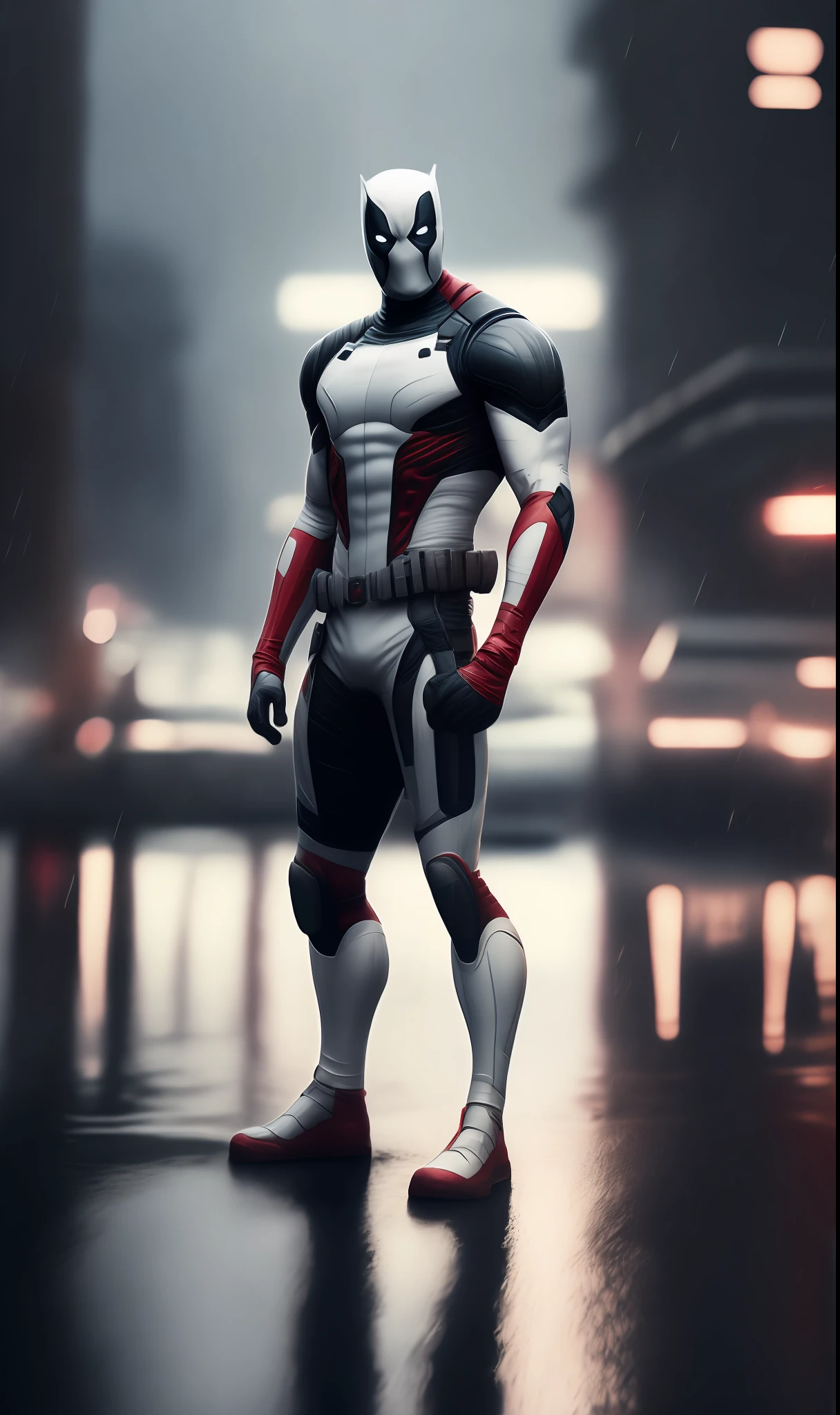 White Deadpool from Marvel photo standing outside the city 17, rainy, rtx, octane, unreal