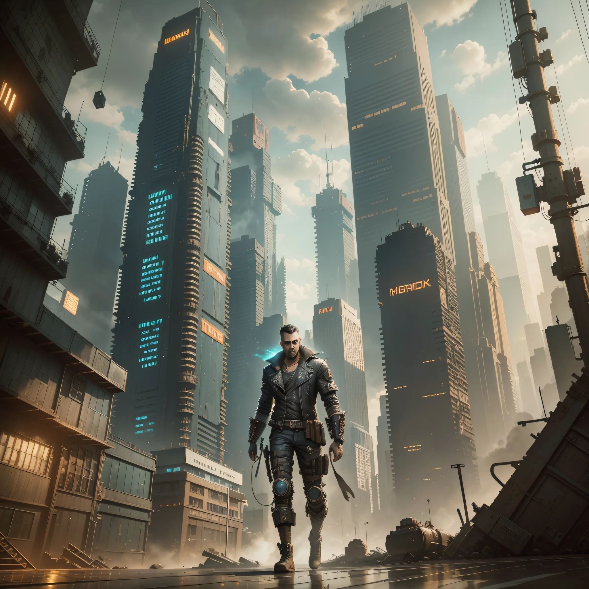 ROMPT POSITIVO: A futuristic cyberpunk character with elements of steampunk, portrayed in a dynamic scene. The character is a rugged and mysterious man, wearing a combination of cyberpunk and steampunk attire. He sports a cybernetic arm, intricate gears, and pipes integrated into his outfit. His clothing features a mix of leather, metal, and worn fabrics, with a weathered and industrial aesthetic. The setting is a gritty cityscape with towering skyscrapers and smog-filled air, illuminated by neon lights and steam-powered machinery. The lighting casts dramatic shadows, enhancing the atmosphere. The character stands tall, exuding confidence, with a futuristic weapon in hand. The artwork is highly detailed and showcases the intricate craftsmanship of both cyberpunk and steampunk styles. It reflects the talents of renowned artists such as Victor Adame, Jakub Rozalski, Paul Chadeisson, and Karl Kopinski. The image captures the essence of the cyberpunk and steampunk genres, merging them seamlessly