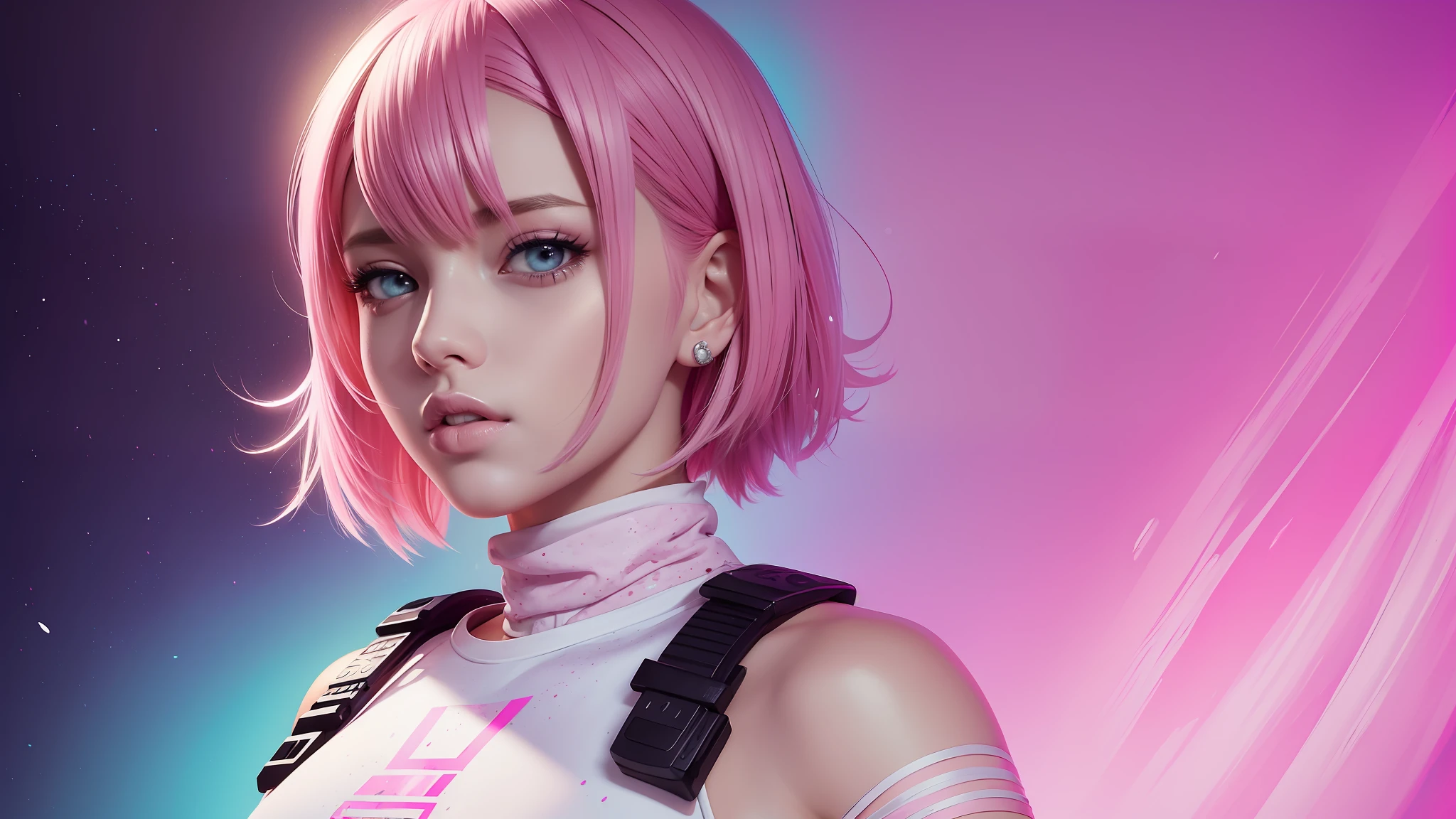 style of samdoesarts a girl with medium pink hair, wearing a white crop top, award-winning portrait, splatter, leak, vaporware, digital art, trending on artstation, highly detailed, fine detail, intricate, ludic background, magical environment , pastel tones, medium shot   –q 2 --auto --s2