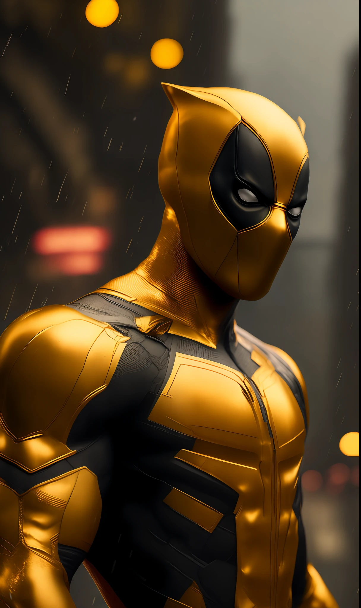Photo of Gold Deadpool from Marvel standing outside the city 17, rainy, rtx, octane, unreal