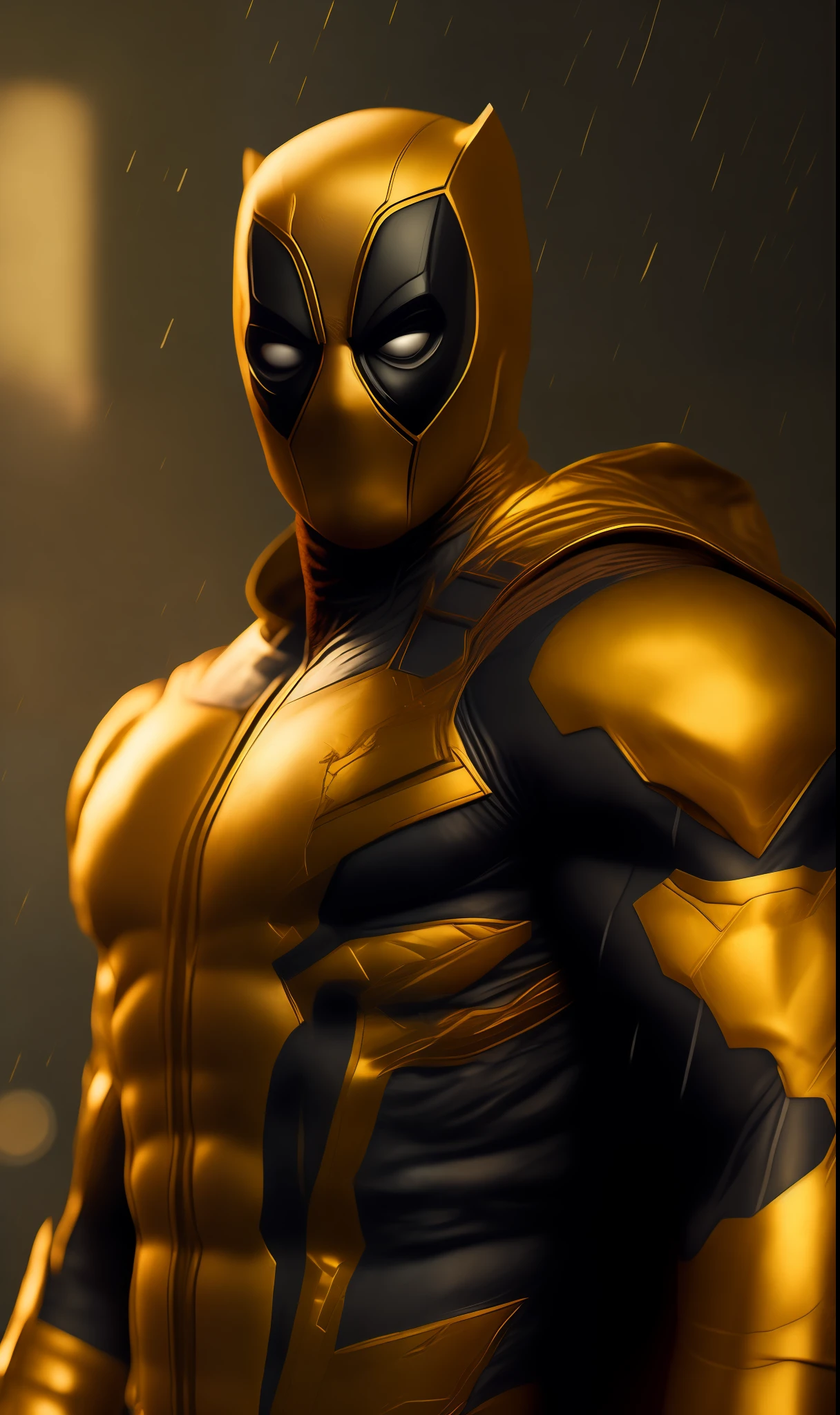 Photo of Gold Deadpool from Marvel standing outside the city 17, rainy, rtx, octane, unreal