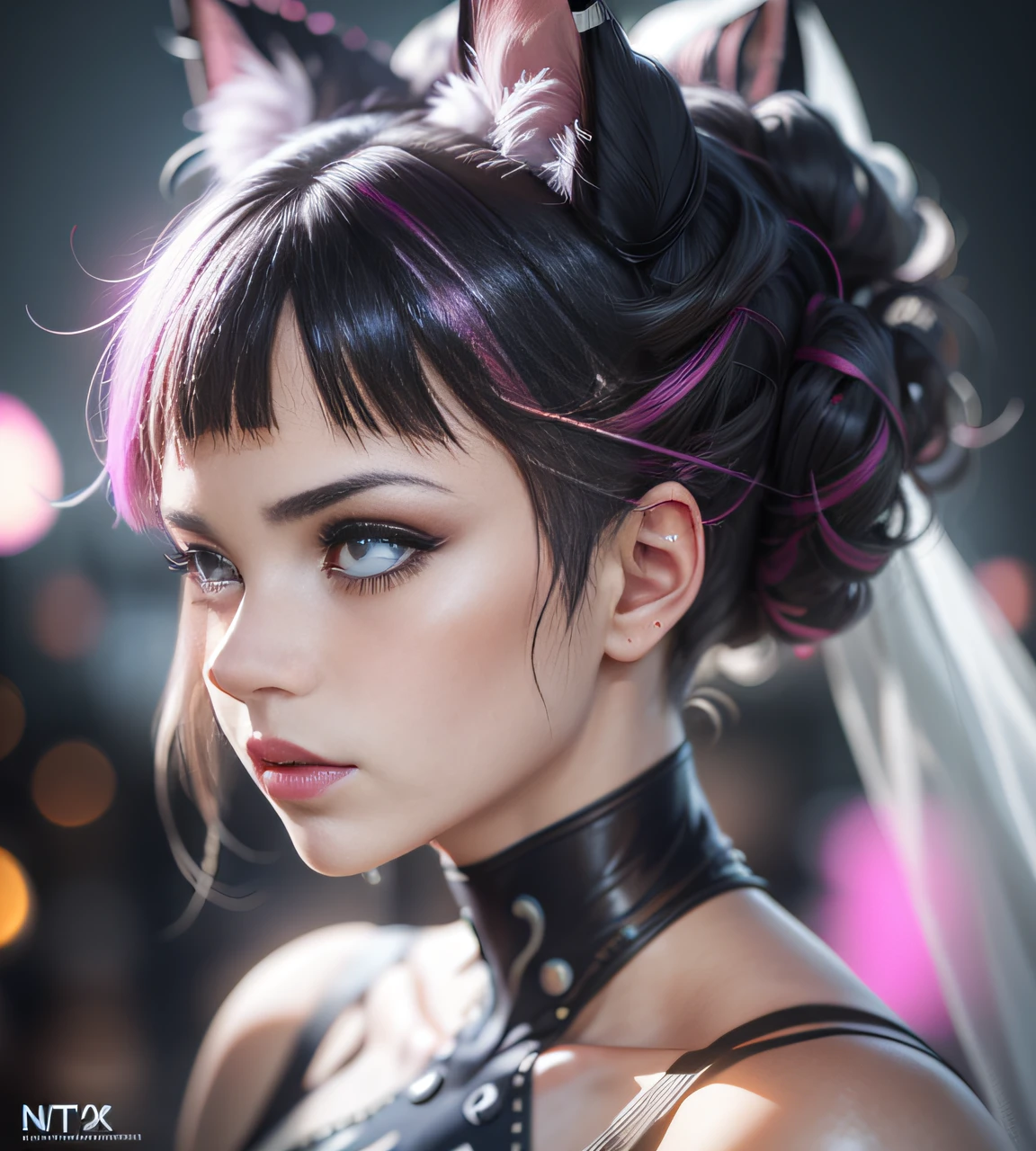 wearing a wedding dress, ponytail, cat ears, heavy makeup, beautiful eyes, freckles, lipstick, neon, cyberpunk, night, bokeh, colourful colors, dramatic lighting, ultra realistic, photorealistic, unreal render, unreal engine, hyper detailed photorealism cinematic intricate details cinematic lighting photorealistic, HDR, RTX, 4K, 8K, 16K --ar 1:1