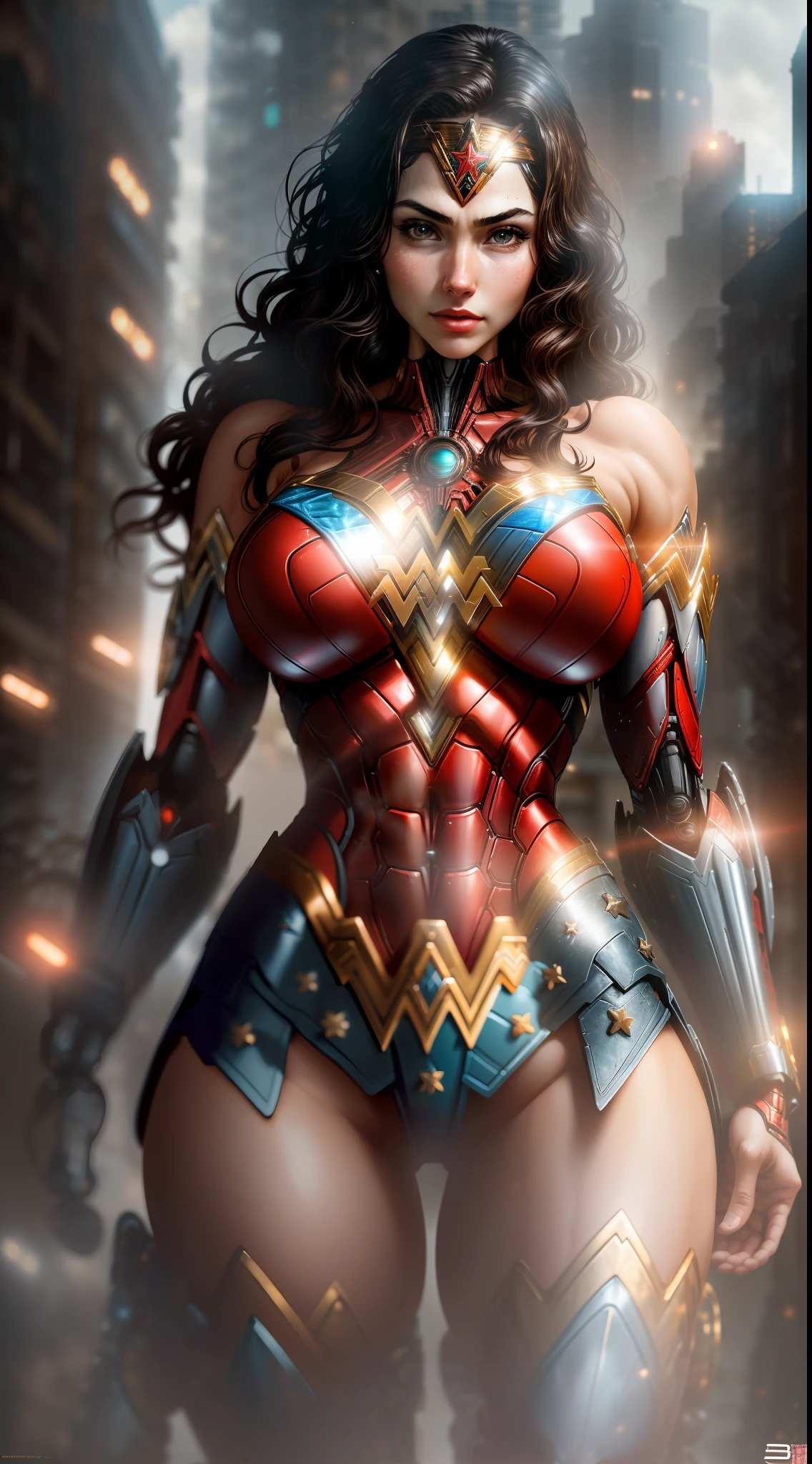 Wonder Woman (sexy, big boobs) photo from DC, biomechanical, complex robot, full growth, hyperrealistic, insane small details, extremely clean lines, cyberpunk aesthetic, masterpiece featured at Zbrush Central