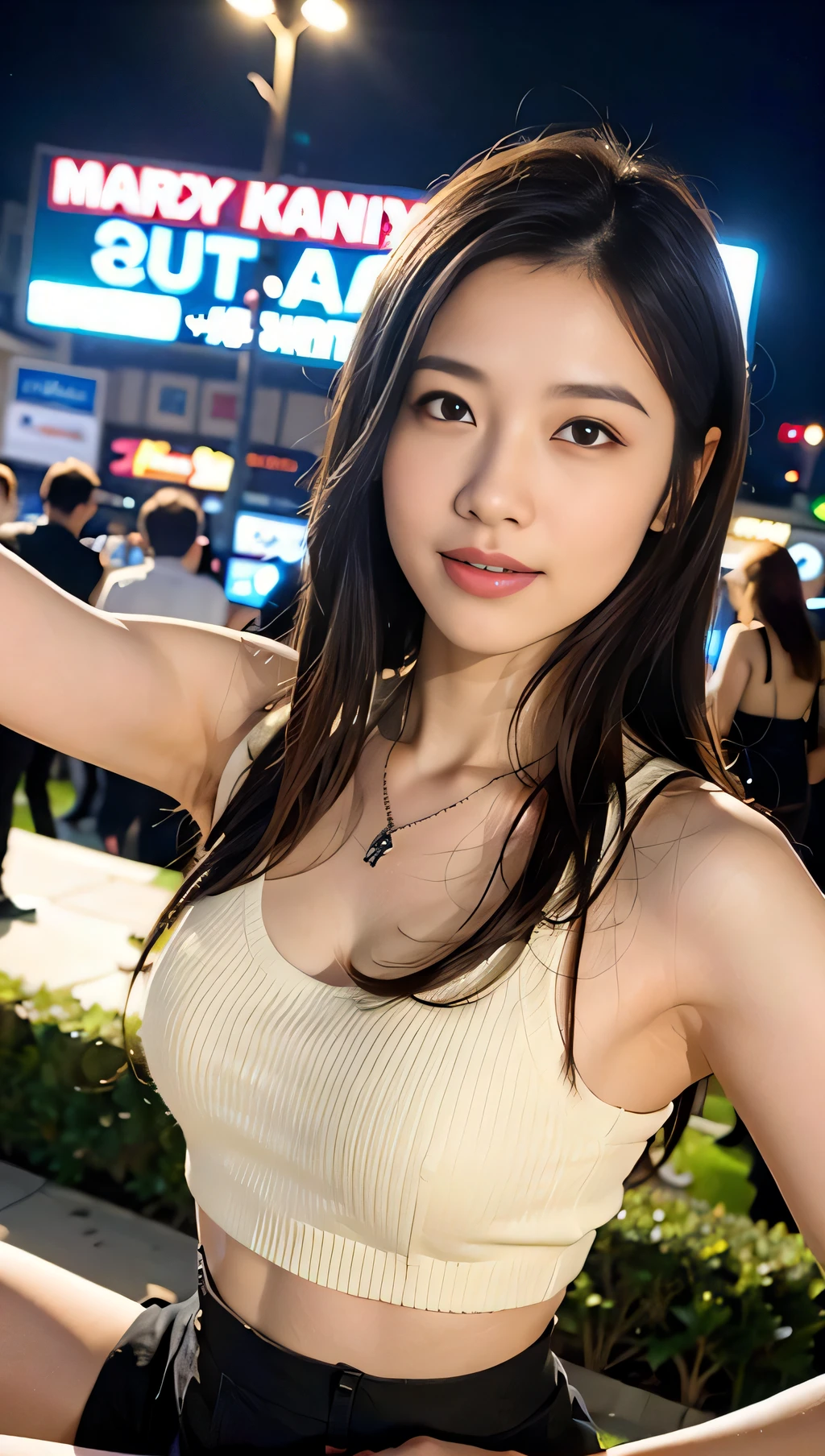 (8k, RAW photo, best quality, masterpiece:1.2), (realistic, photo-realistic:1.37),1girl, cute:1.2,Hong Kong cityscape, night, professional lighting, photon mapping, radiosity, physically-based rendering, double shoulder white sweater, slim body, smile, brown hair, front-facing, (whole body), (black footwear), delicate face, looking at viewer, Hong Kong girl:1.5, necklace, handbag, (five fingers), selfie,