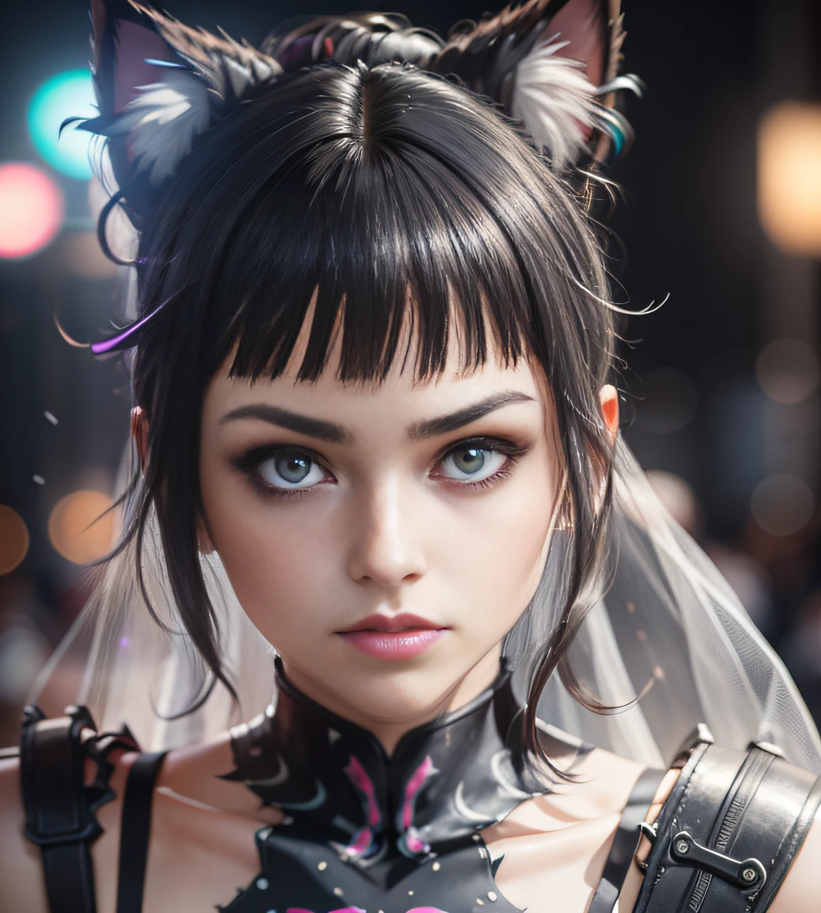 wearing a wedding dress, ponytail, cat ears, heavy makeup, beautiful eyes, freckles, lipstick, neon, cyberpunk, night, bokeh, colourful colors, dramatic lighting, ultra realistic, photorealistic, unreal render, unreal engine, hyper detailed photorealism cinematic intricate details cinematic lighting photorealistic, HDR, RTX, 4K, 8K, 16K --ar 1:1