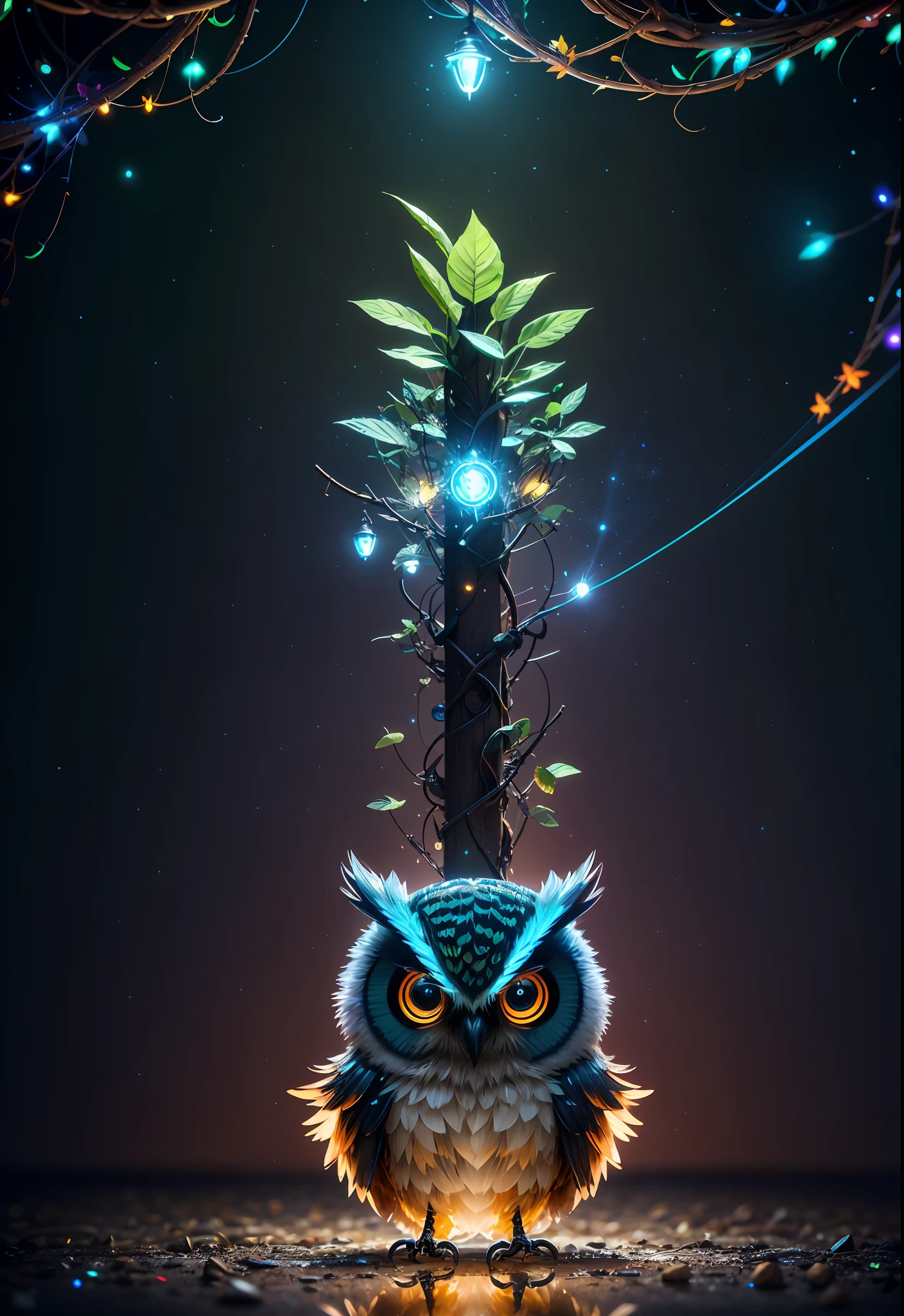 Masterpiece, best quality, extremely beautiful reflection, best reflection. (Very detailed CG unity 8k wallpaper), (best quality), (best illustration), (best shadow), a photo of a cybernetic owl, perched on barbed wire in a dark alley. His eyes are neon blue, reflecting the lights of the surrounding city. The feathers are fragmented and iridescent, and there is a wonderful code running through them. The shots used create a deformation effect, giving the impression that an owl is observing the viewer from all angles, with a forest theme with natural elements. Tall trees, quiet stream, glowing small mushrooms surrounded by delicate leaves and branches, and fireflies and glowing particle effects, (natural elements), (jungle theme), (leaves), (branches), (fireflies), butterflies, (delicate leaves), (glow), (particle effects), isometric 3D, Octane rendering, ray tracing, super detailed