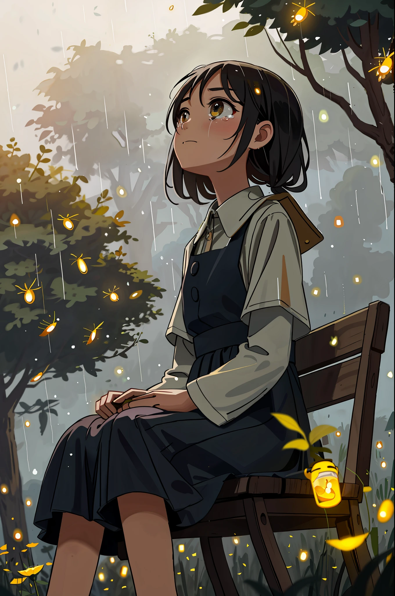 masterpiece, best quality, 1girl, outdoor, sitting, field, village, from below, face, crying, rain, fireflies, night