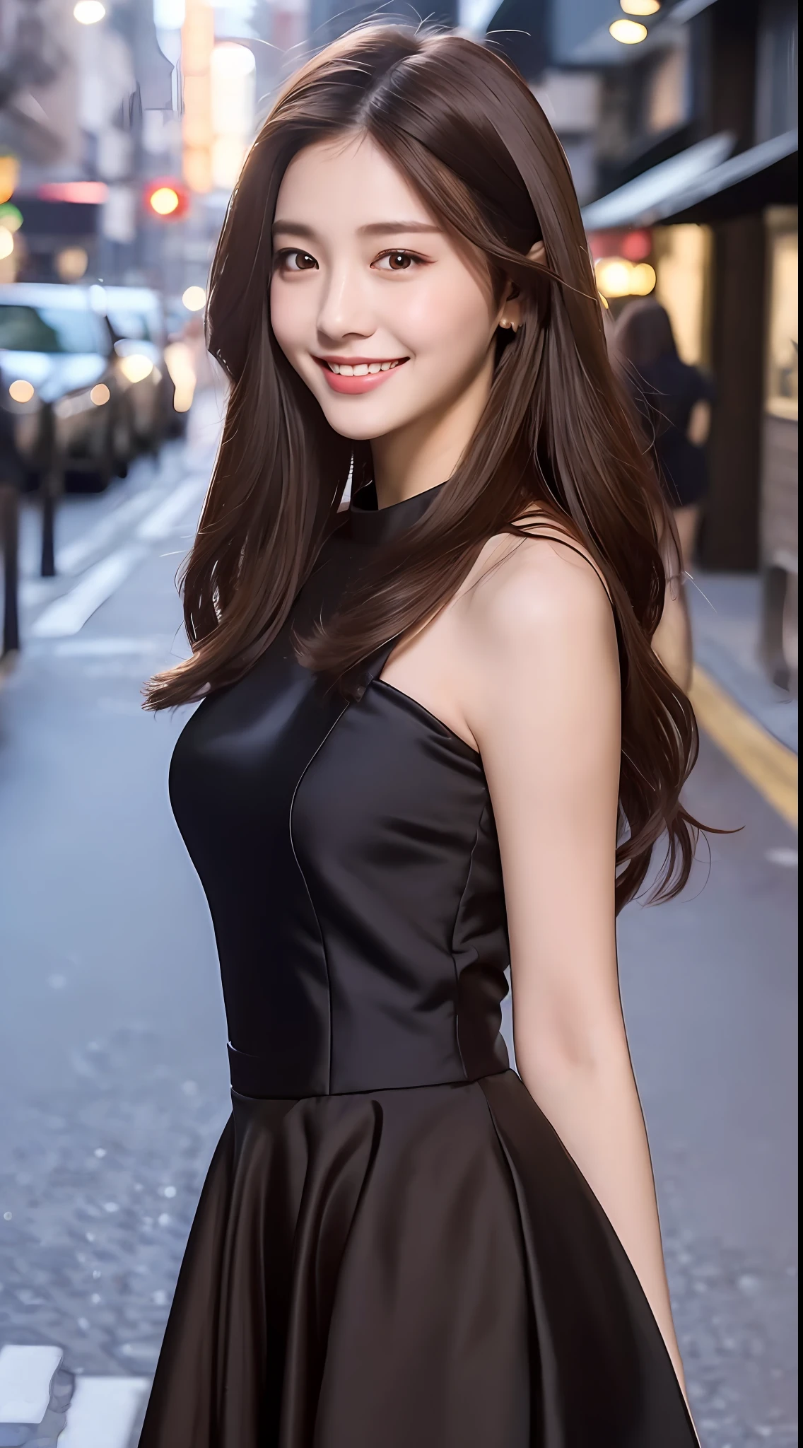 ((Best quality, 8k, Masterpiece :1.3)), 1girl, smiling, full body, slim face, Pretty woman, (Dark brown hair), full length dress :1.1, Ultra-detailed face, Detailed eyes, Double eyelid, blur background, slim face, city, outside, street,