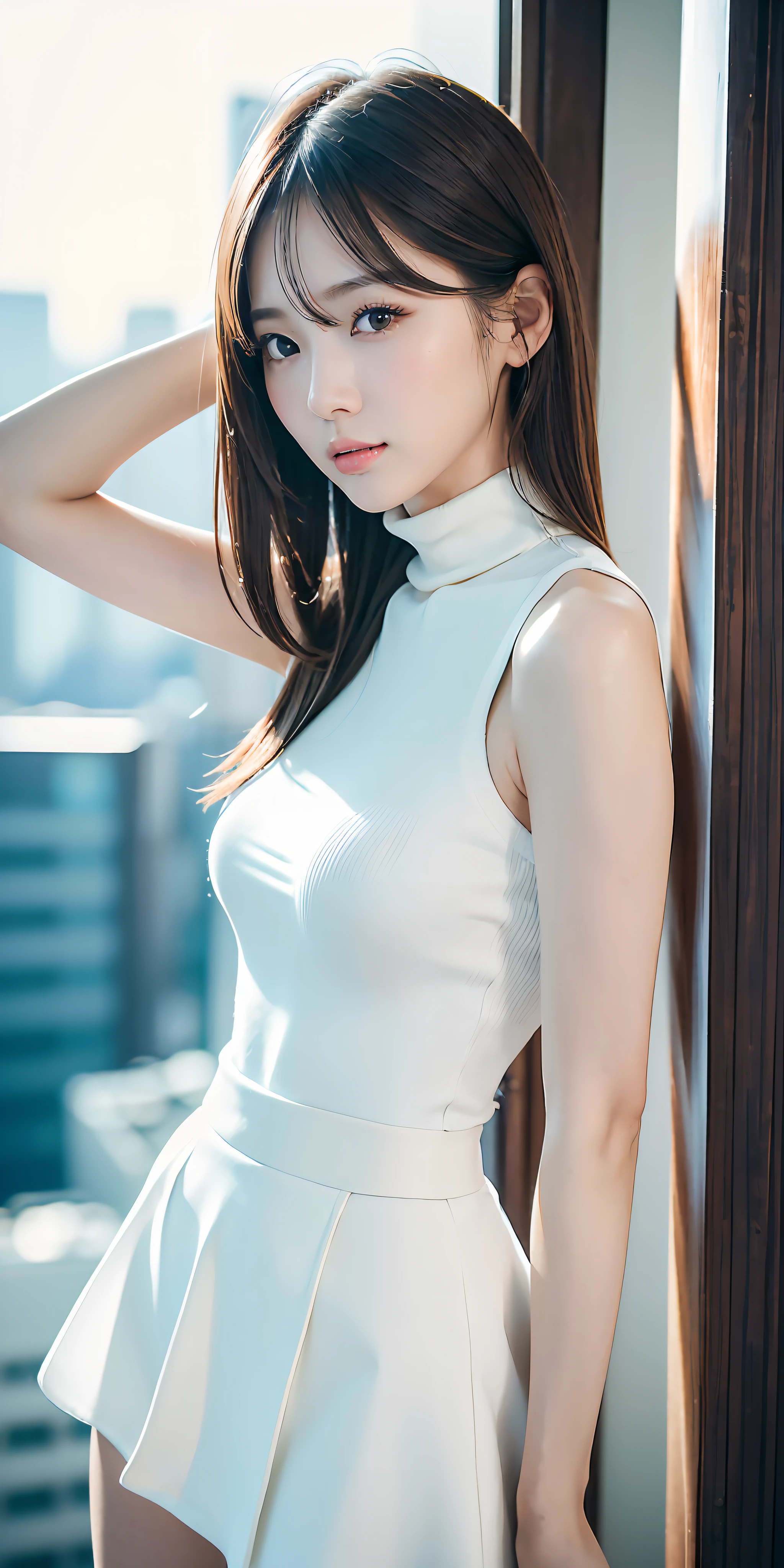 (Mai Shiraishi, white and turtle neck sweater, sleeveless, white long skirt, cowboy shot, back shot, back view, looking ahead, arched back, arms up, dark brown very short hair, gigantic breasts, standing)))), (((masterpiece, best quality, highly detailed, absurdres, RAW photo, ultra high resolution)))), Highly detailed face and skin texture, Detailed eyes, Sharp focus, An asian young and beautiful girl, White skin, Real human skin, Oval face, Pore, Gentle and goddess-like eyes, Lip gloss, Eyelashes, Gloss face, Wide lighting, Natural shading, Small waist, slender body, Slight smile, Clear features, Beautiful face, Double eyelids, Sagging eyes, Night cityscape