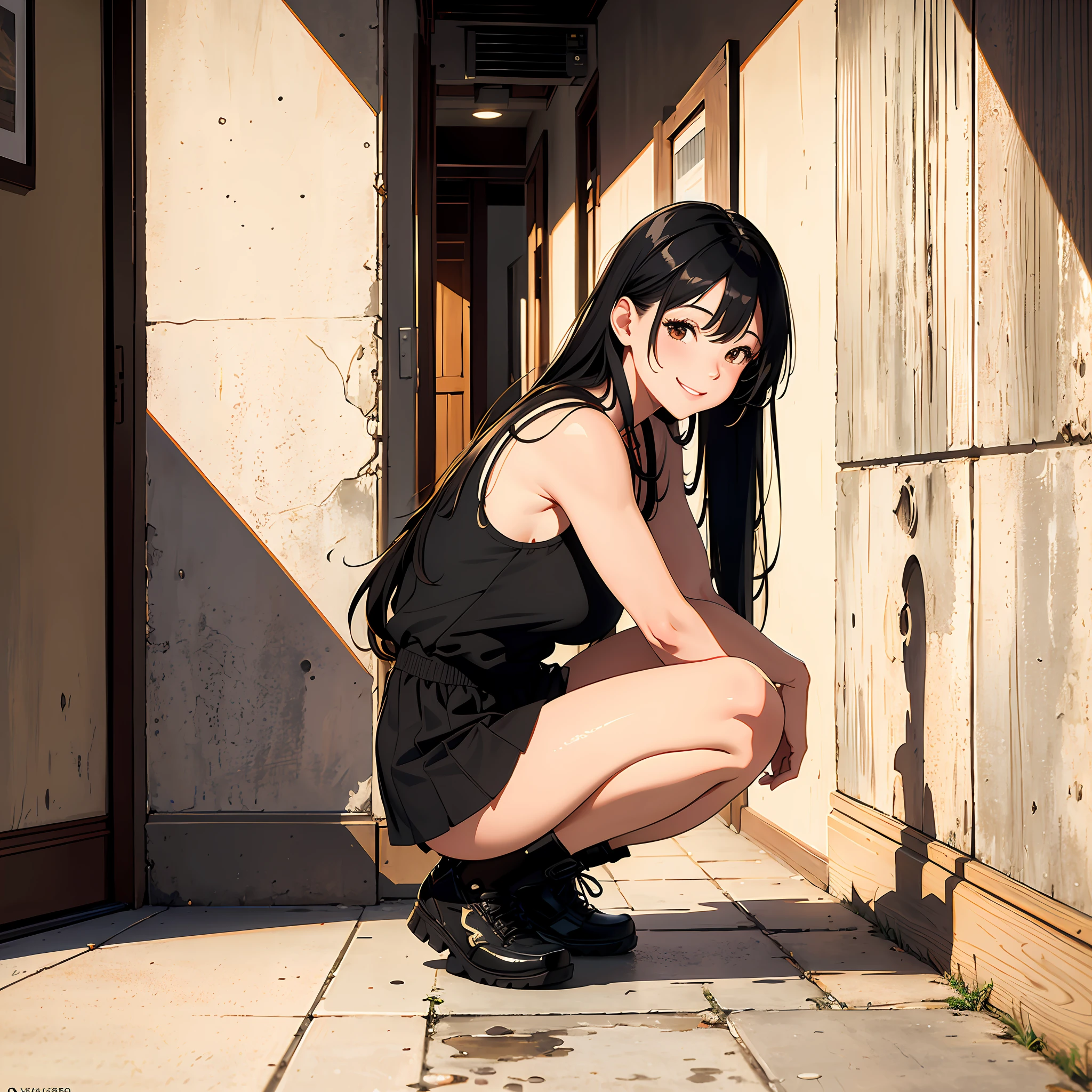 Ultra high resolution, 16k, ((masterpiece)), ((best quality))), ((super detailed)), upper body view, a girl, long black hair, smiling, squatting in a hallway