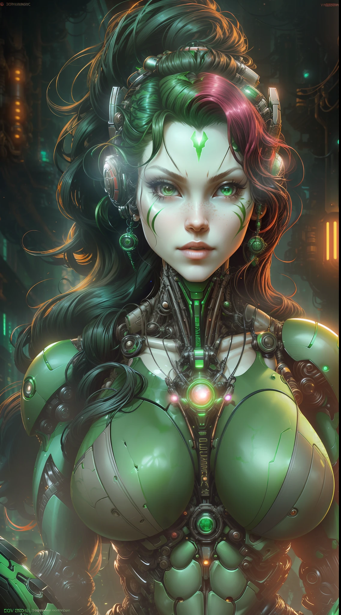 photo of Poison Ivy (sexy, big boobs) from DC, biomechanical, complex robot, full growth, hyperrealistic, insane small details, extremely clean lines, cyberpunk aesthetic, masterpiece featured at Zbrush Central