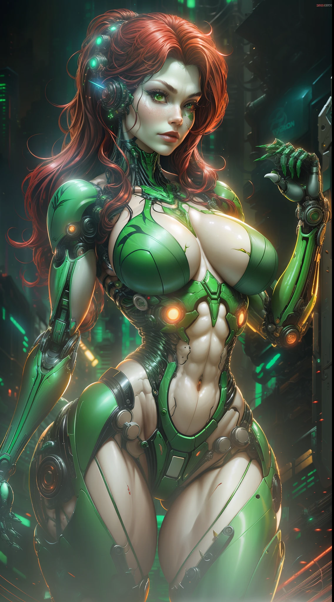 photo of Poison Ivy (sexy, big boobs) from DC, biomechanical, complex robot, full growth, hyperrealistic, insane small details, extremely clean lines, cyberpunk aesthetic, masterpiece featured at Zbrush Central