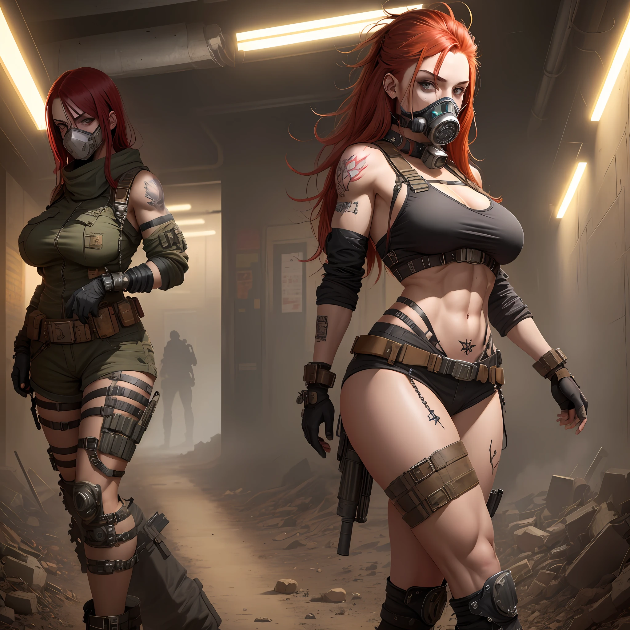 Wasteland punk, intersex lighting, ak47, gas mask, long red hair, tattoos, big breasts, long legs, muscular woman, hips, open thighs, delicate picture quality.