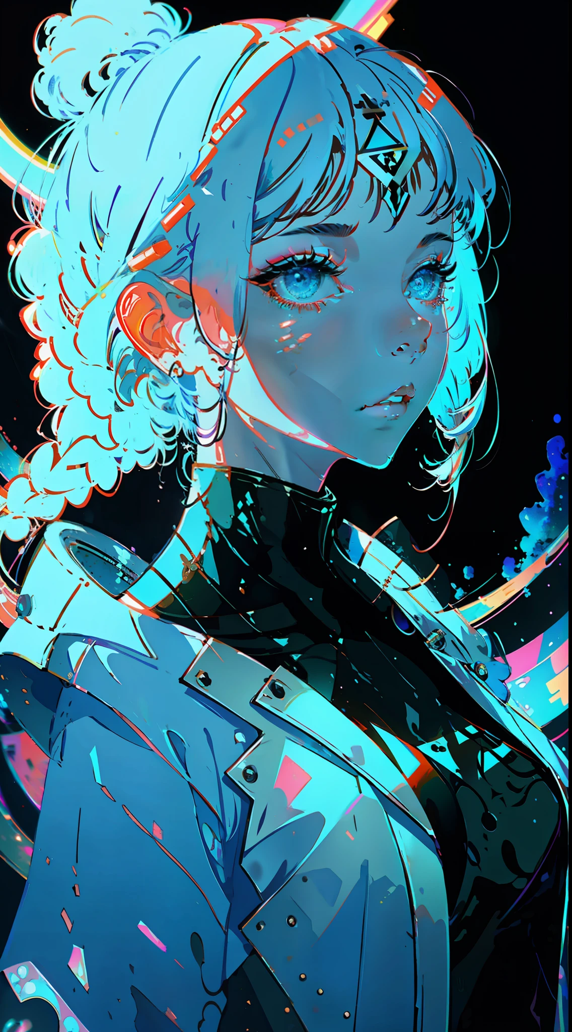 1girl, solo, girl, futuristic outfit, neon samurai, very beautiful cyberpunk samurai, cyberpunk samurai, ghost blade style, cyberpunk victo ngai style, cyberpunk neon style, cyberpunc, cyberpunk neon, technomancer, video game character, synthwave image, cyberpunk, concept art neon glow, moon, lantern, night, solo, outdoor, sky, full moon, rain, mountain, cloud, paper lantern, night sky, fringe,  tree, reflection, cloudy sky, {{(masterpiece),(extremely detailed CG unity 8k wallpaper),(side boobs), best quality,solo,cinematic lighting,detailed background,beautiful detailed eyes,bright pupils,(an extremely delicate and beautiful),(beautiful and detailed eye description),ultra-detailed,masterpiece,}}, detailed eyes, beautiful eyes, realistic eyes, beautiful eyes, perfect eyes, back view, (Anamorphic rays, rain), (mantis blades)