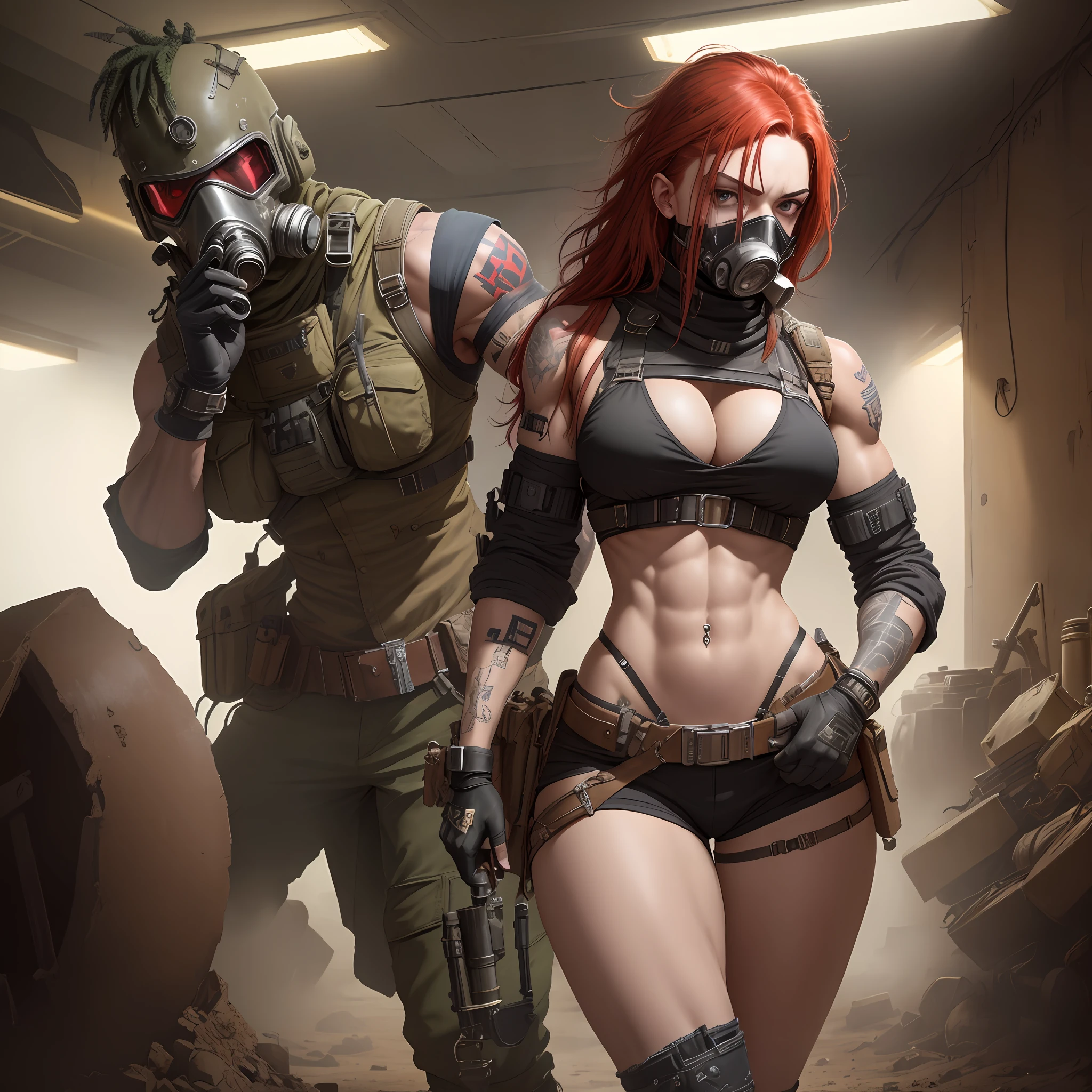 Wasteland punk, intersex lighting, ak47, gas mask, long red hair, tattoos, big breasts, long legs, muscular woman, hips, open thighs, delicate picture quality.