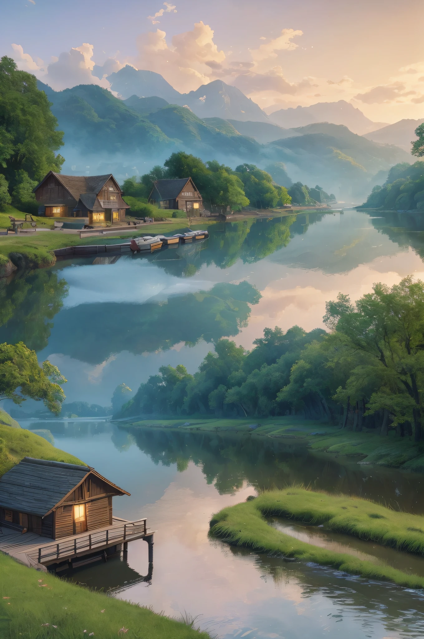 painting of a boat on a river with a village in the background, a matte painting by Arthur Pan, trending on cg society, fantasy art, beautiful art uhd 4 k, hd wallpaper, peaceful landscape, dream scenery art, beautiful oil matte painting, landscape wallpaper, scenery wallpaper, idyllic cottage, amazing wallpaper, beautiful wallpaper, 4k highly detailed digital art, nature wallpaper