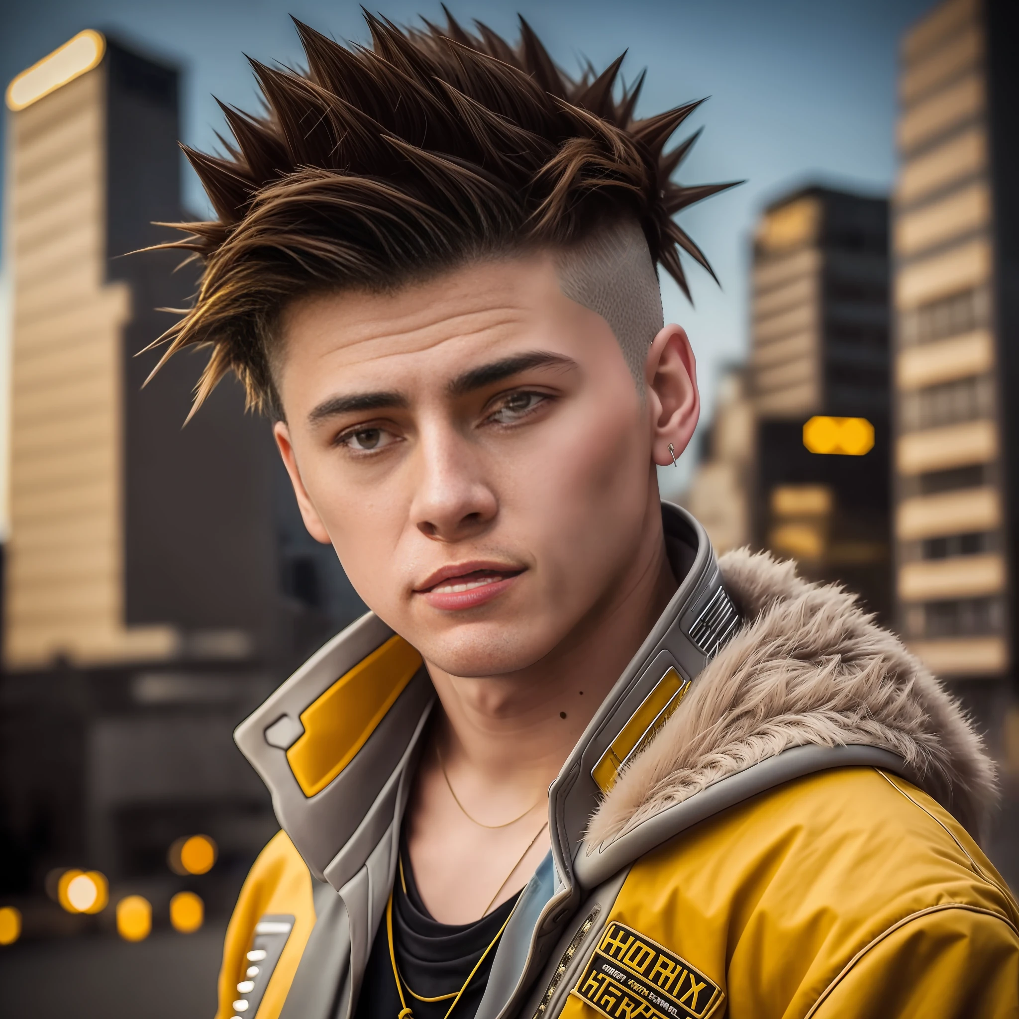 RAW photo, a close up portrait photo of 20 y.o 1boy, solo, realistic,shirt,jacket, cyberpunk, spiked hair,brown hair, yellow jacket, background is city ruins, (high detailed skin:1.2), 8k uhd, dslr, soft lighting, high quality, film grain, Fujifilm XT3, highly detailed background